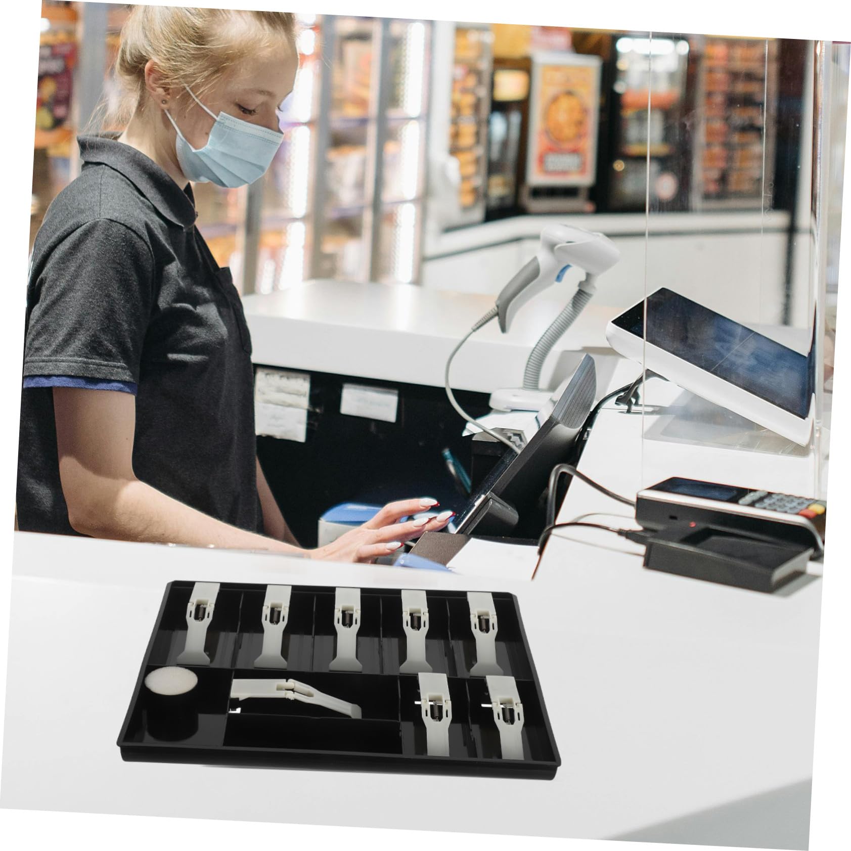 Vassoio Portamonete 9 Scomparti con Clip per Supermercato e Negozio, Tavola Porta Contanti con Organizer Plastico