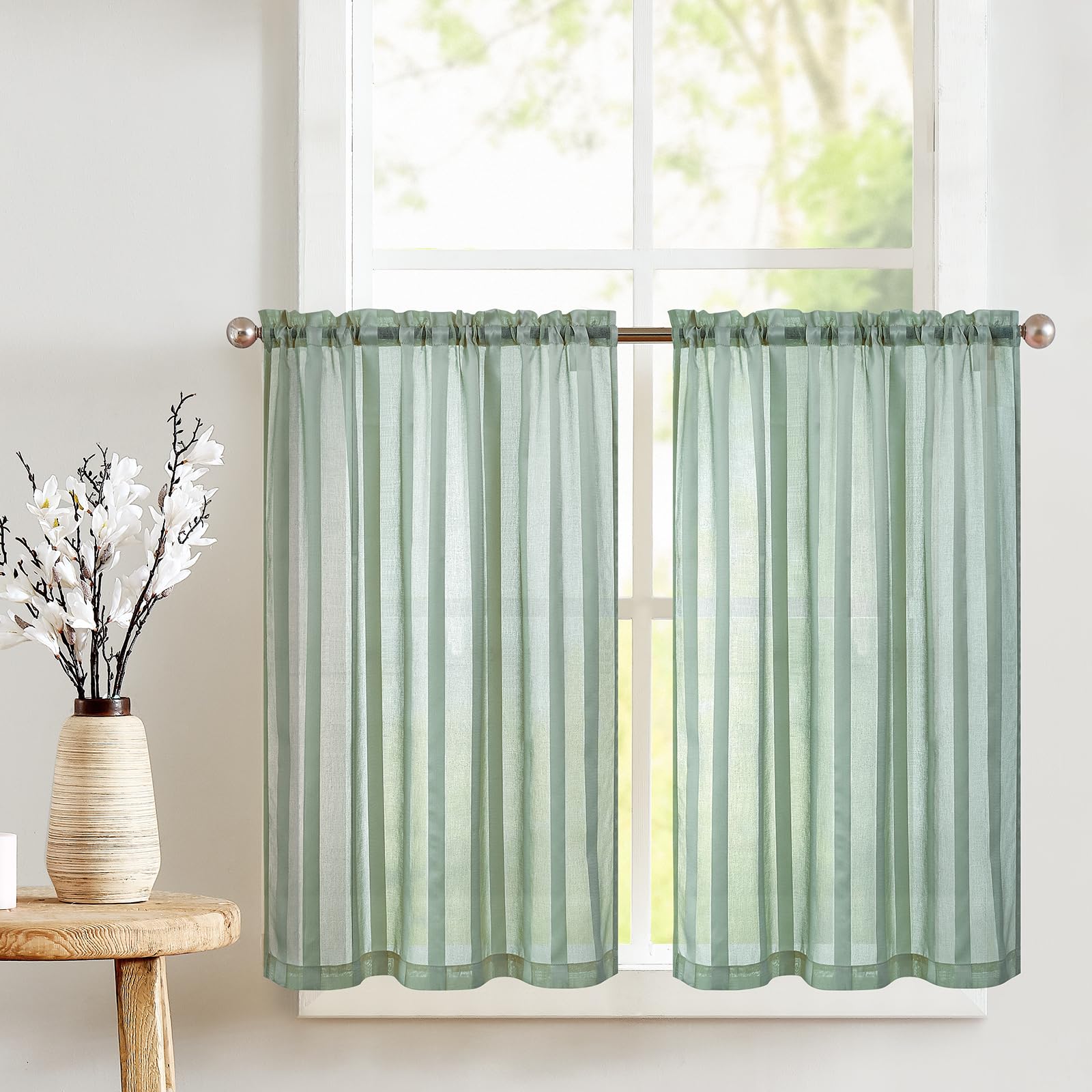 TOPICK Sheer Scheibengardinen mit Tunnelzug Transparent Bistrogadine Landhaus Streifen Voile Küchenvorhang Gestreift Küchengardinen Paarig für Badezimmer