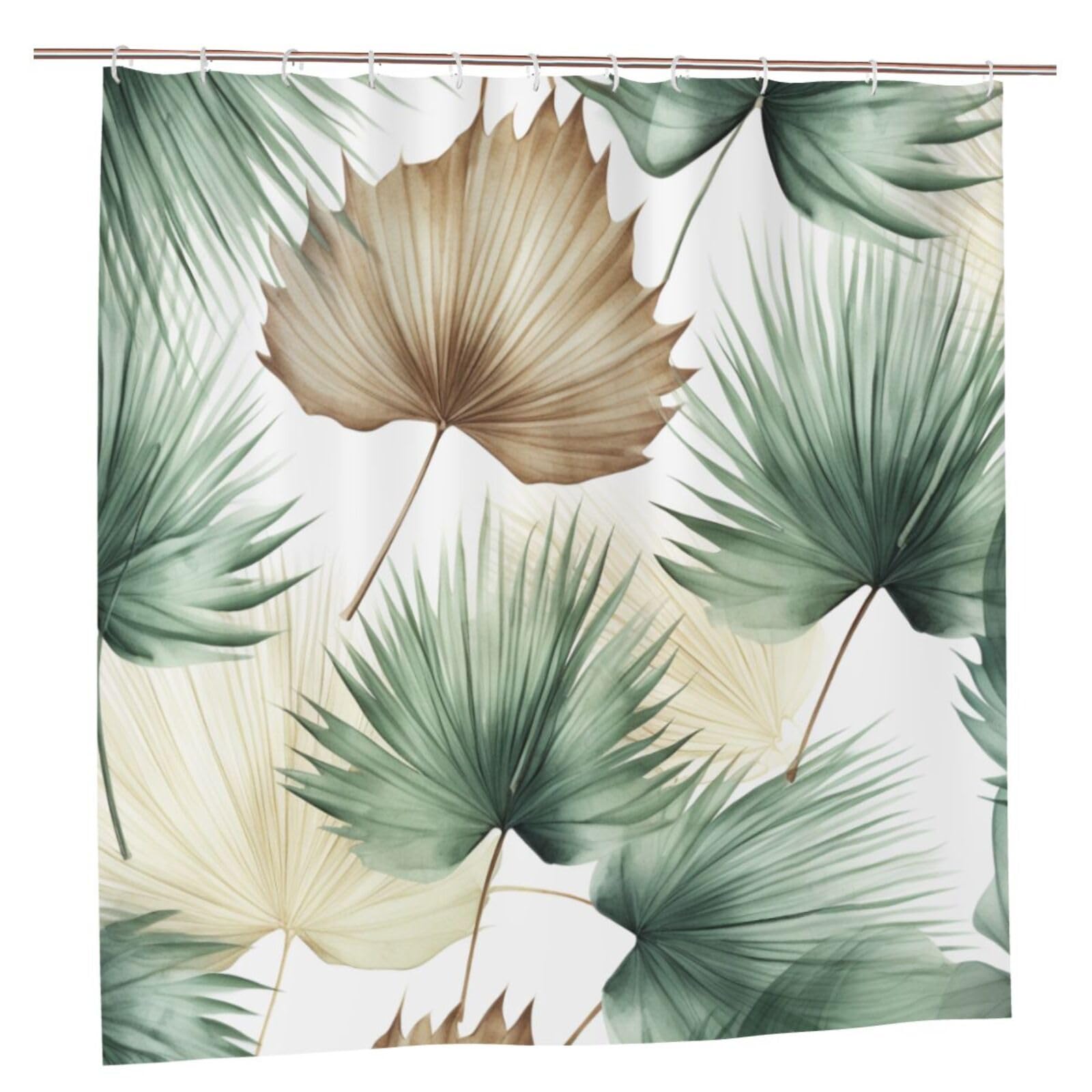 BWWHCCTI palm leaves Printed Shower Curtain With 12 Plastic Hooks Opaque Quick Drying Waterproof Shower Curtains Sets For Bathroom 183x183 CM