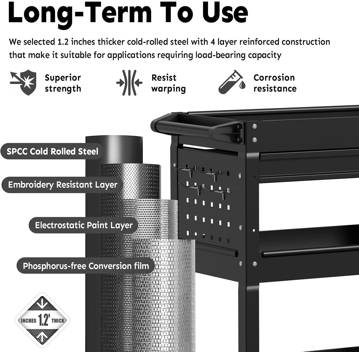 3-Tier Rolling Utility Cart, Metal Heavy Duty Utility Cart on Wheels with Lockable, 330 lb. Load Large Storage Capability Tool Cart for Garage, Warehouse, Repair Shop, Black