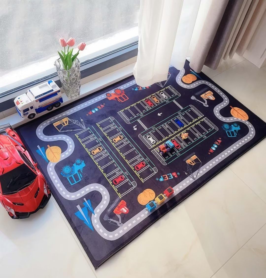 Alfombra De Juego De Tráfico De Estacionamiento, Alfombra De Guardería De La Habitación De Los Niños, Alfombra De Juego De Pista De Carretera De Dibujos Animad, Curve Road, 80 * 120cm