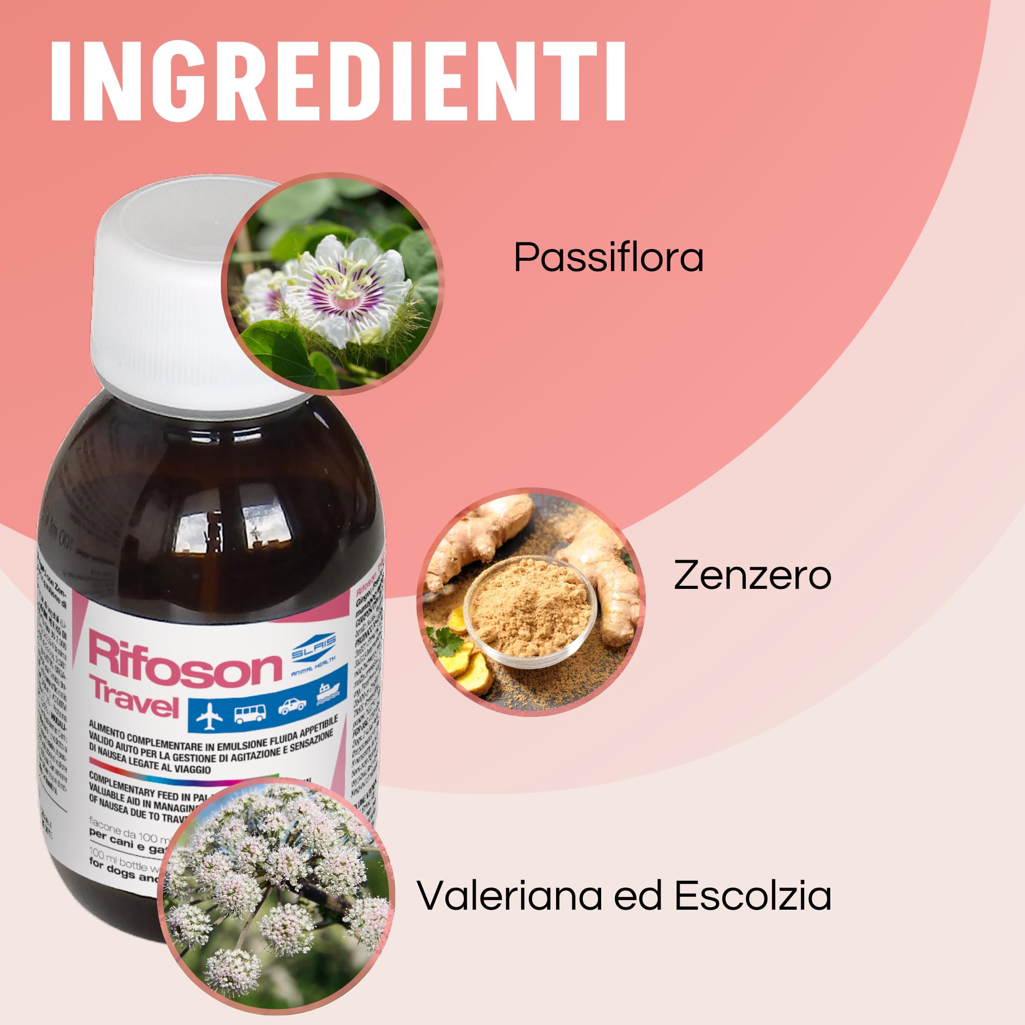 SLAIS Srl Rifoson Travel per Cani e Gatti – Alimento Complementare in Emulsione Fluida – con Zenzero, Valeriana, Passiflora ed Escolzia – 100 ml con Siringa Graduata