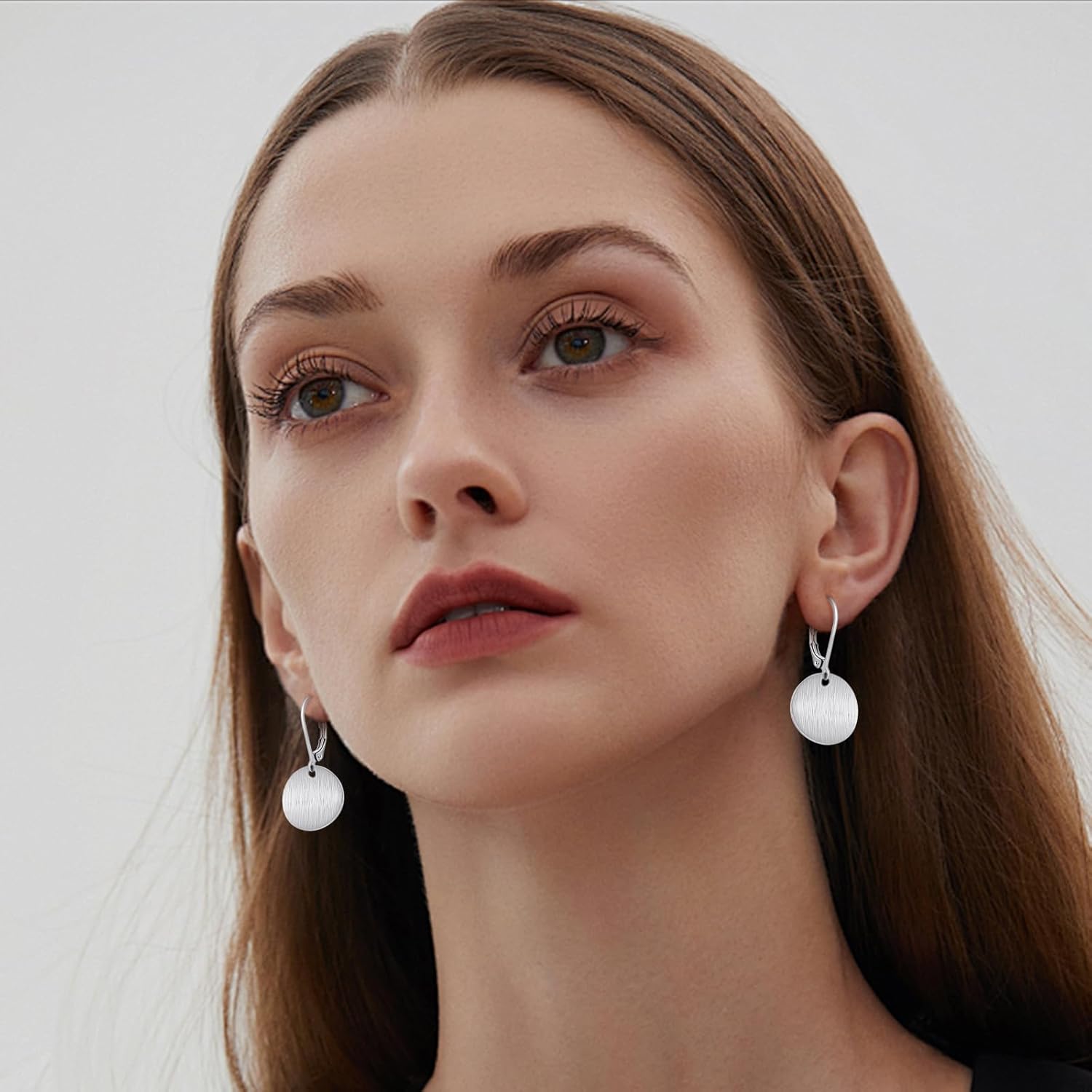 14K White Gold Dangle Earrings for Women，Lightweight Circle Disc Coin Geometric Flat Brushed Drop Earrings, Hypoallergenic Leverback Earrings silver earrings - Image 3