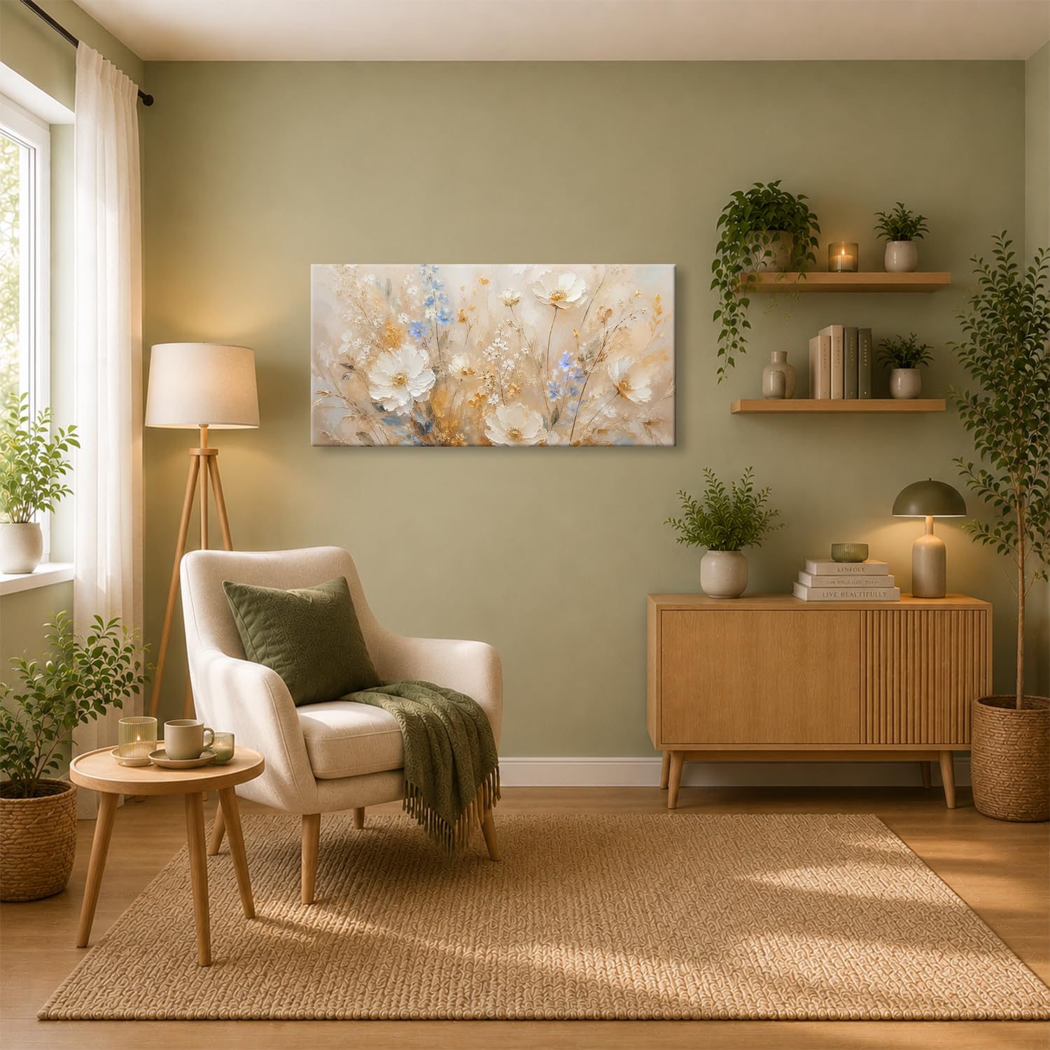 Leinwandbild Zarte weiße und blaue Blumenwiese 100x50cm Farbig