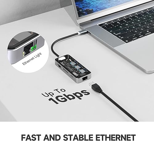 Miniatura 5 de RORO Hub USB-C (8 en 1), con carga PD3.0 de 100 W, 4K 60Hz 2K 144Hz HDMI 2.0, 3 puertos USB A 3.0 de 5 Gbps, puerto Ethernet de 1000 Mbps  1 Gbps,