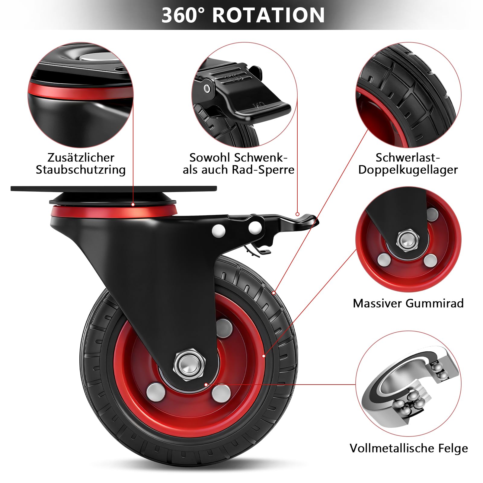 Set di 4 ruote per carichi pesanti, ruote piroettanti da 100 mm con freno, girevoli a 360°, ruote in gomma policloruro piena antiscivolo, portata 600 kg (2 ruote piroettanti, 2 ruote con freno)