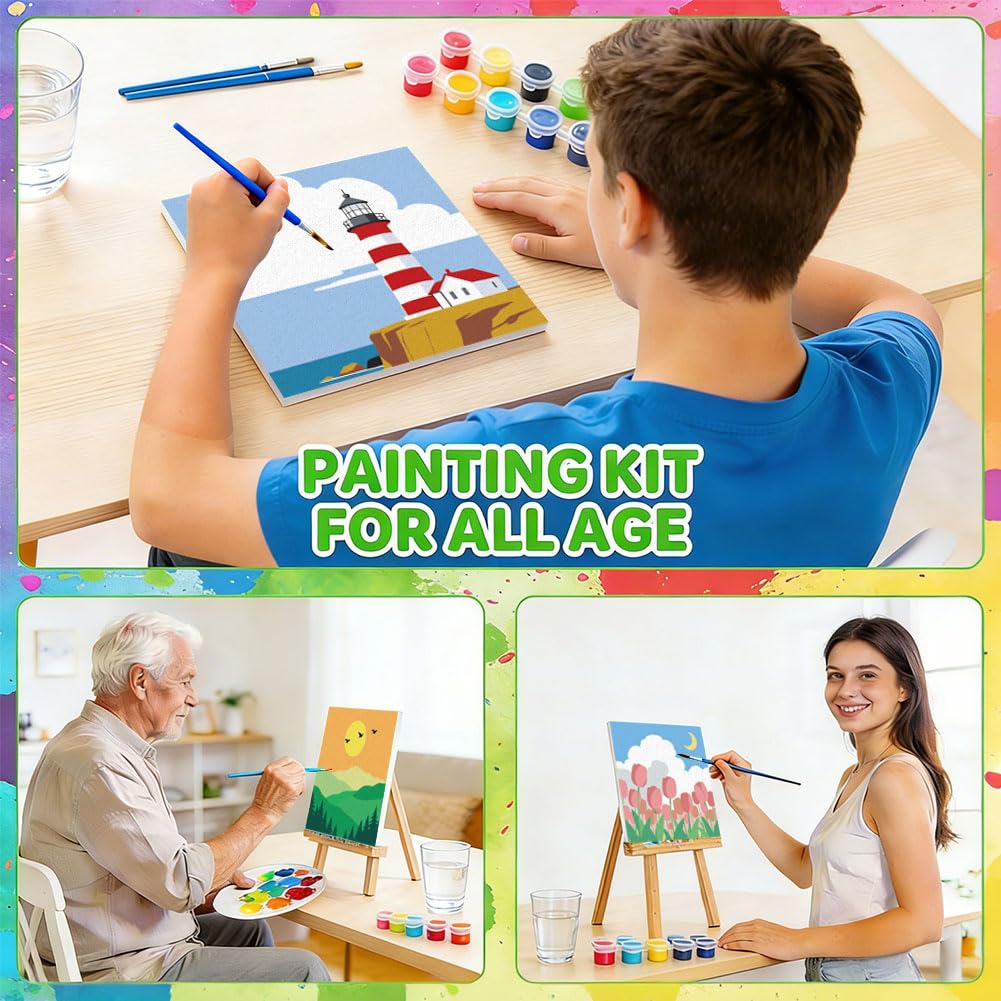 twinklemon Set di 12 dipinti per numero su tela per adulti con cornice, kit di pittura con numeri su tela, composto da 10 colori di pigmenti e pennelli per principianti, 20 x 20 cm