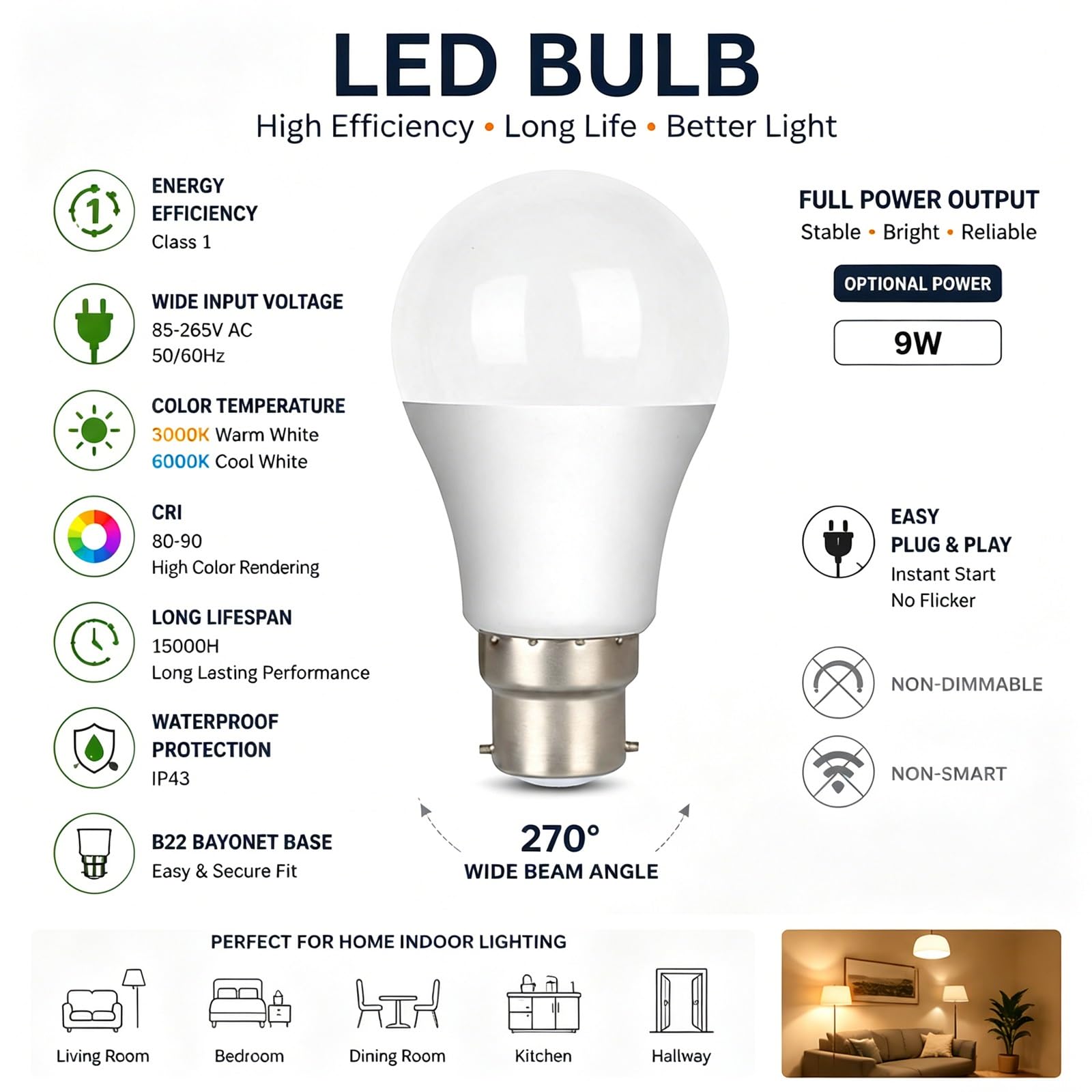 Ampoule LED B22 Culot à Baïonnette 9W (Équivalent 90W) Sans Scintillement Économie d’Énergie IRC>80 Non Dimmable pour Salon Plafonnier Ventilateur de Plafond(Warm White 3000K,6 Pack)