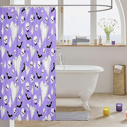 Miniatura 10 de Cortina de ducha de Halloween de fantasmas de dibujos animados, cortina de baño gótica kawaii, decoración de calabaza de Halloween, farol de