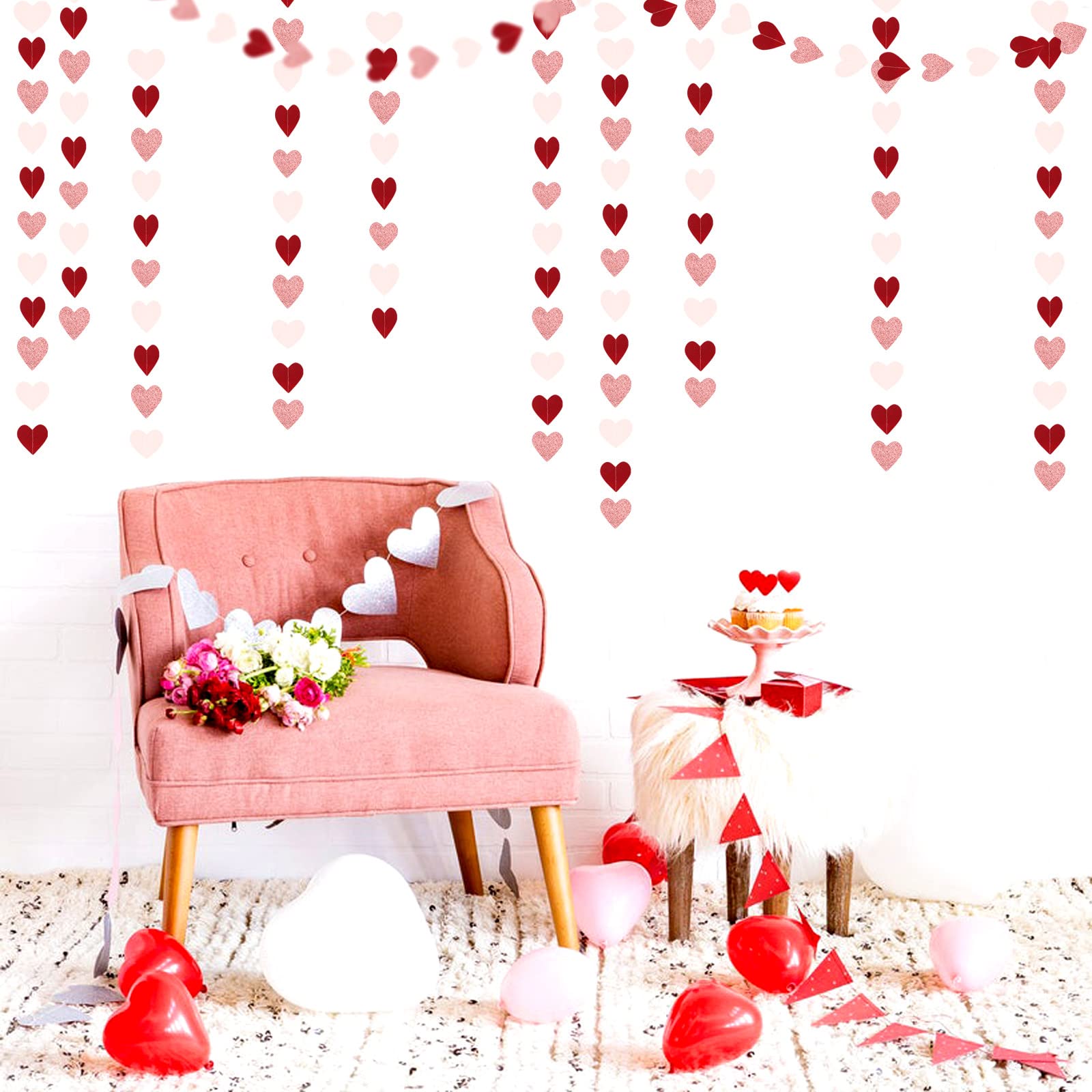 Rose-Gold Rosa Burgunderrot Party-Dekorationen Girlande – 152 m Herz Papier Luftschlangen Banner, Valentinstag, Muttertag, Junggesellinnenabschied, Brautparty, Verlobung, Hochzeit, hängende Dekoration