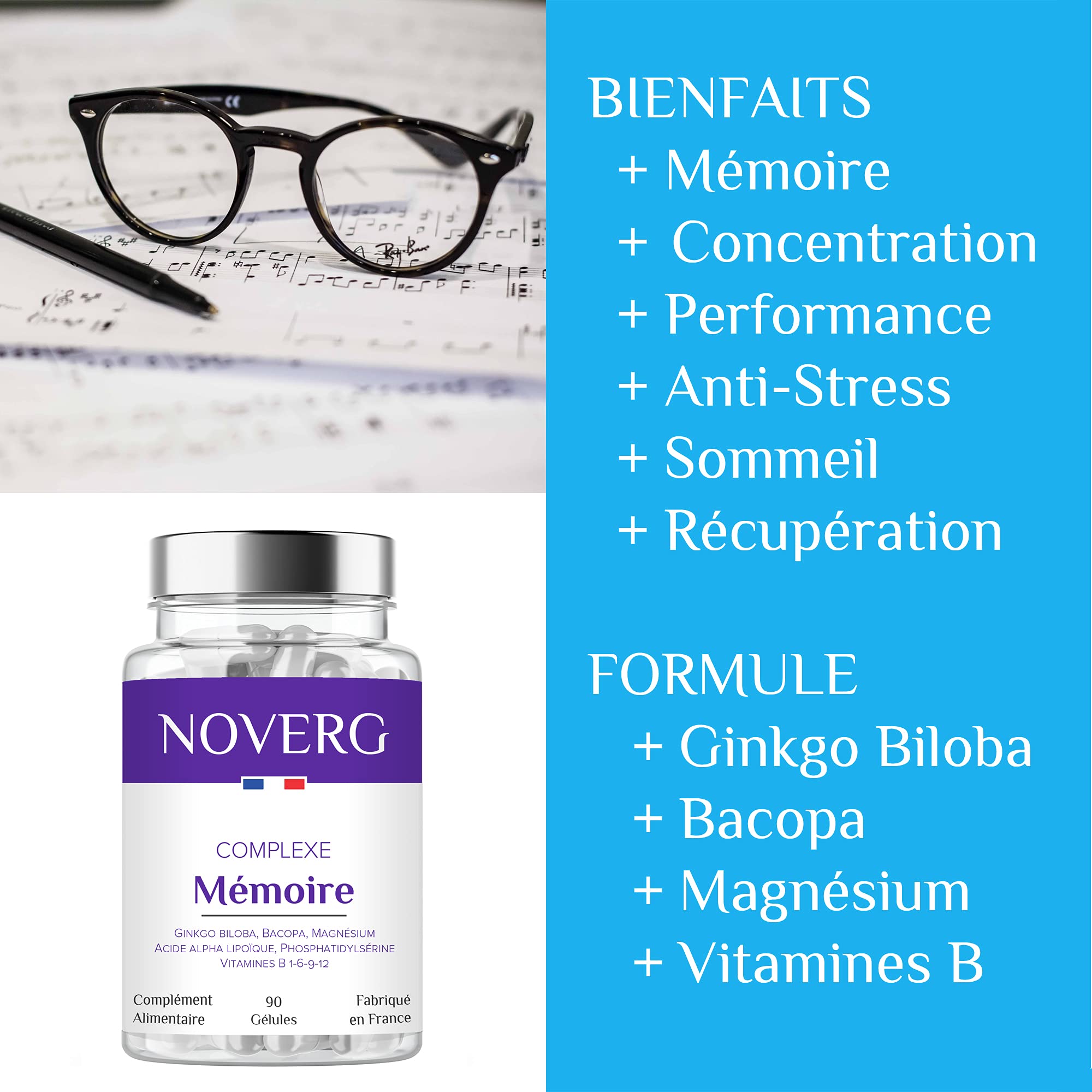 Mémoire & Concentration | Maintien la Mémoire et préserve la Fonction Cognitive | Ginkgo biloba, Bacopa, Magnésium | Sans caféine et Sans stimulant | Vegan | 90 Gélules | 30 Jours | Fabriqué en France