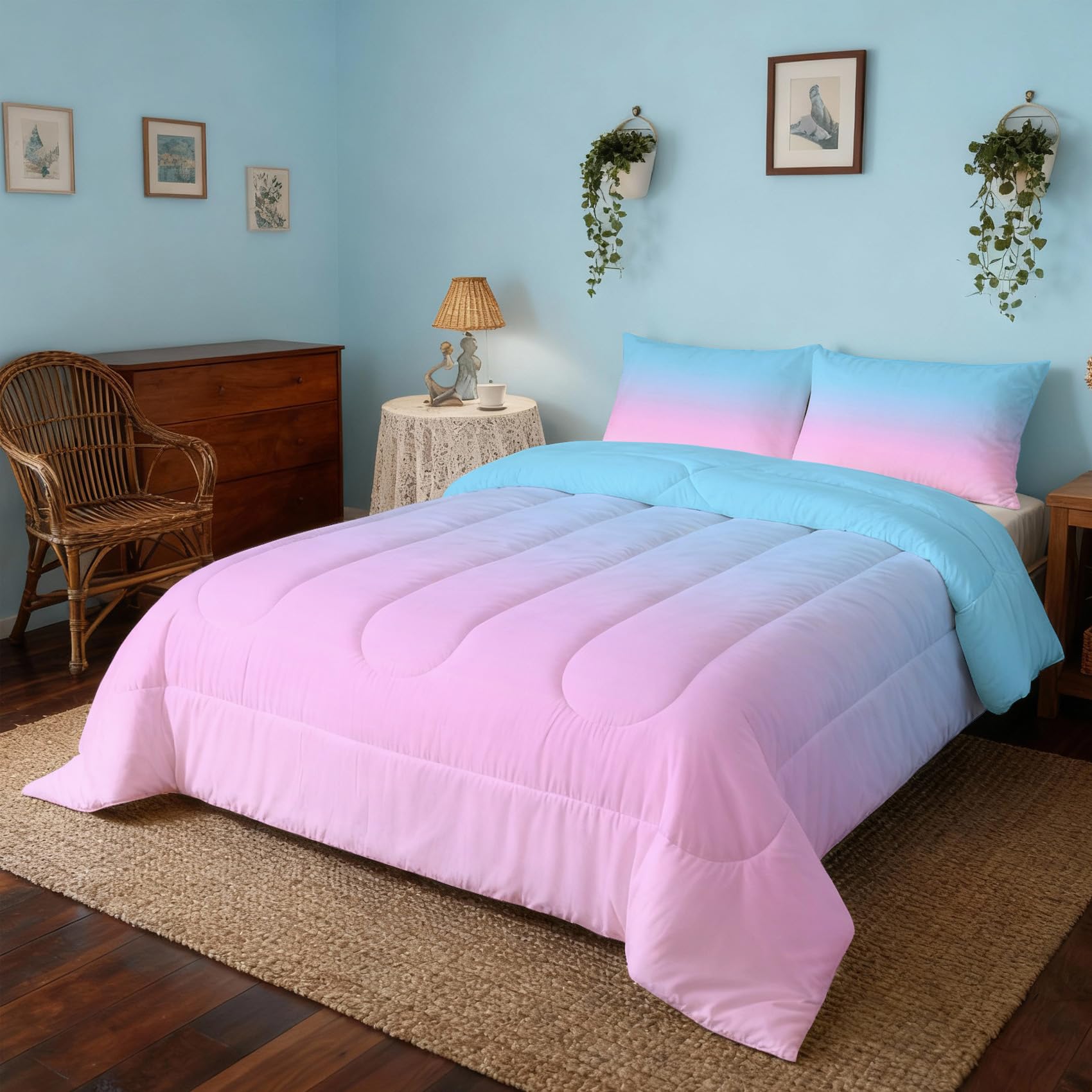 Coverless Duvet Double Rainbow Pattern, Bedroom Decor, Gift, Gradient Ombre Bedding Comforter Set 3 Piece, 2 Pillowcases, Soft All Season Quilt 10.5 Tog - S&E3049