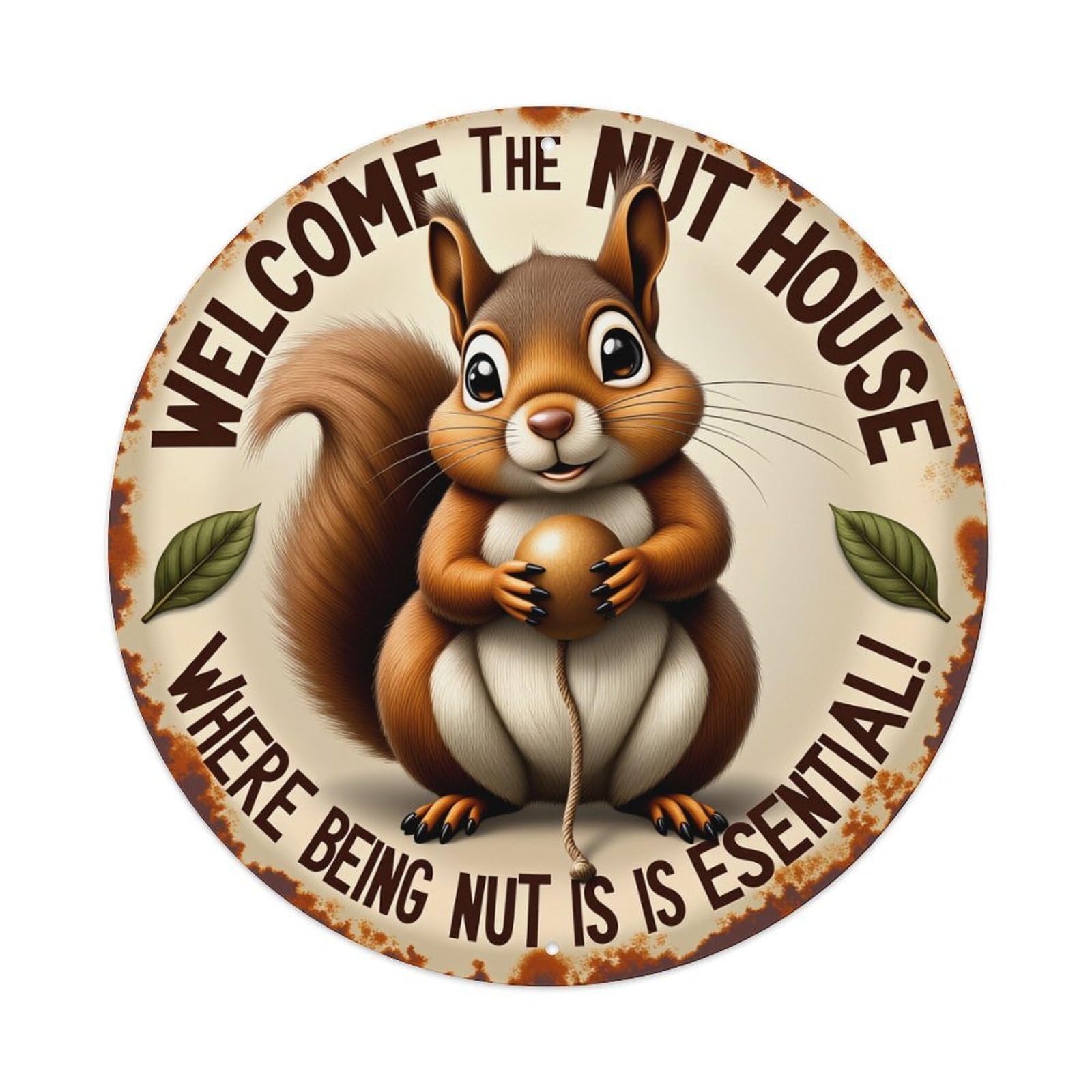 Squirrel Holding Nut Sign Round Tin Sign Retro Metal Sign for Cafe Bar Pub Home Game Room Gym Club Wall Decoration Vintage Metal Poster 8x8 Inch