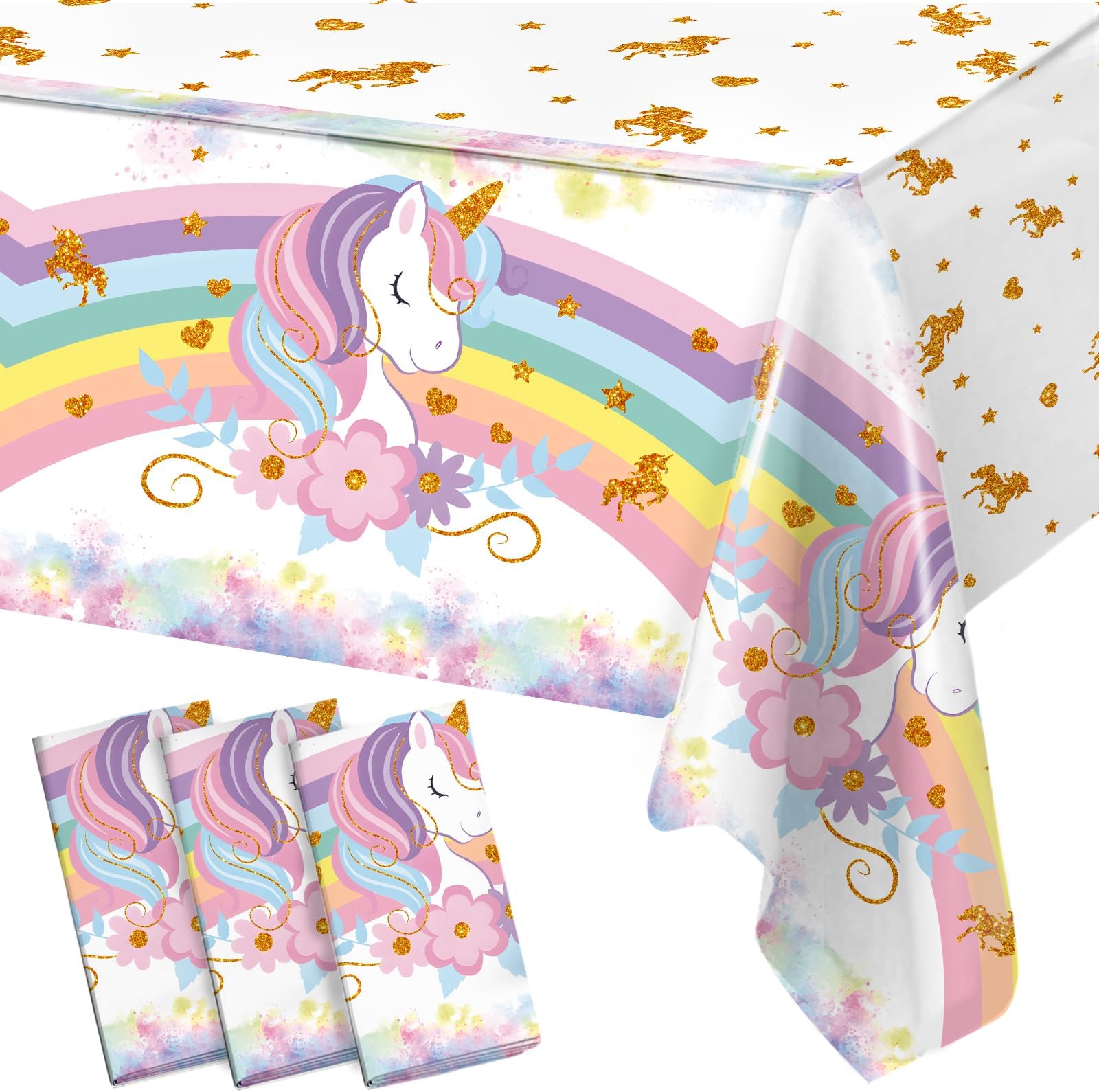 3-Piece Unicorn Tablecloth Set for Birthday Decorations, Pastel Rainbow Tablecloths for Children's Birthdays, Girls' Parties, Baby Showers, 130 x 220 cm