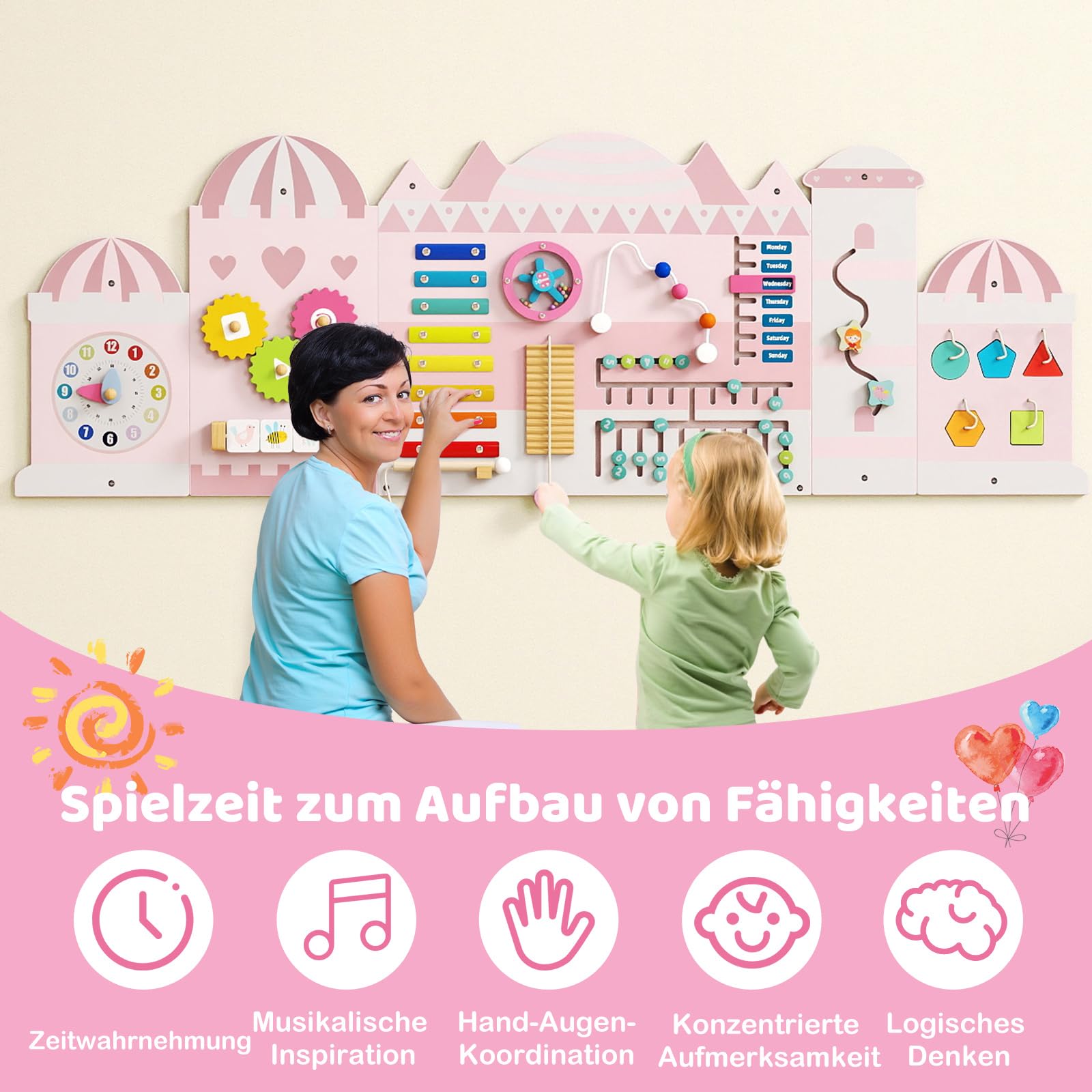 COSTWAY Montessori Motorikbrett, 11-in-1 Busy Board Holz mit Blöcken & Xylophon & Abakus, Montessori Spielzeug, Motorikboard für Kinder ab 1 Jahr