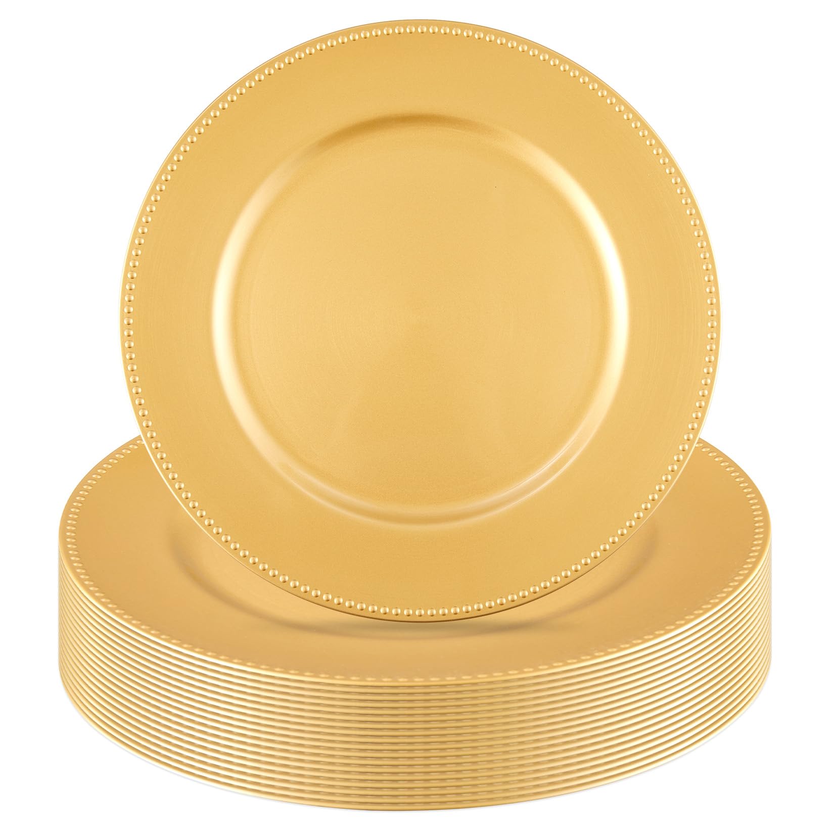 PrecisionAuto Elegant Gold Charger Plates, 13 Inch Round Beaded Rim Plastic Table Chargers, Decorative Dinner Underplates for Weddings, Parties, Banquets, Set of 50, Gold