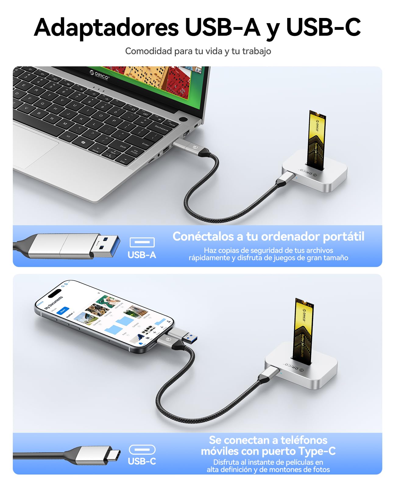 ORICO Carcasa Para SSD M.2 NVMe/SATA, Estación de Acoplamiento USB 3.2 Gen 2 para M.2, Adaptador Para SSD M.2 NVMe, Compatible con M.2 de 2230/2242/2260/2280/22110, Compatible con Windows/Mac OS/Linux