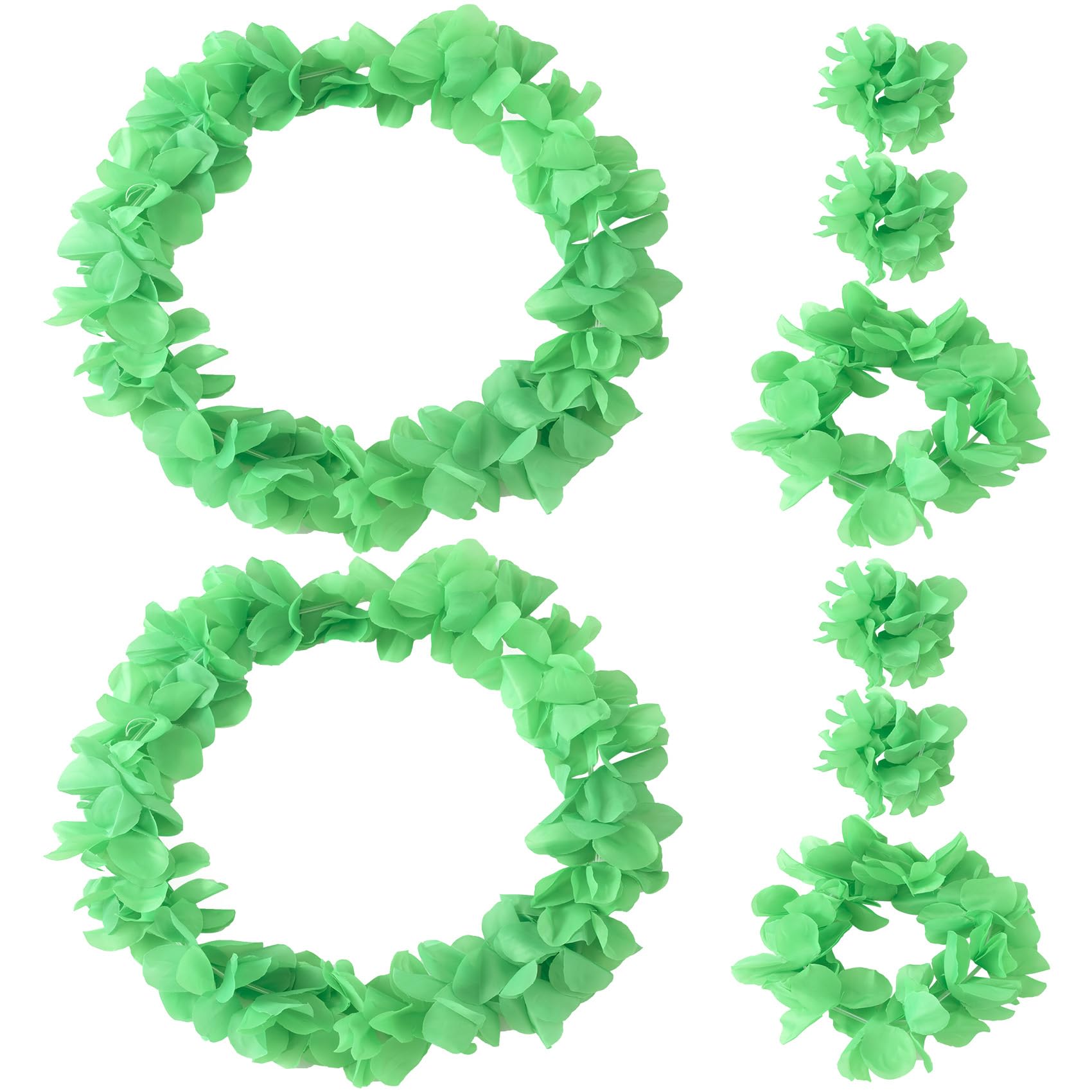 HINZIC 8pcs/2set Green Leis Hawaiian Headpiece Leis Flower Outfits Headband Necklace Bracelet Accessories for Women Adult Kid Festival Beach Pool Luau
