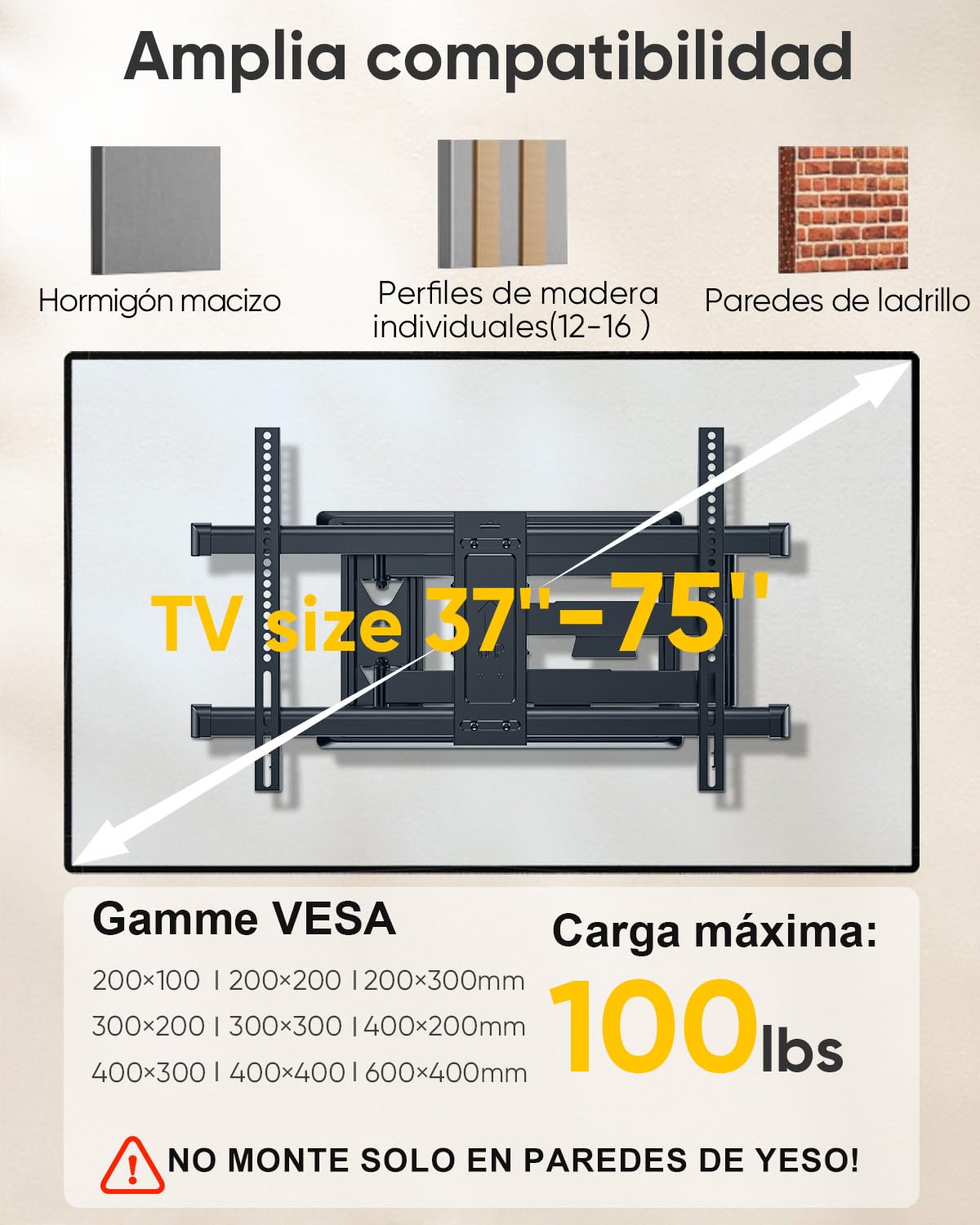 FORGING MOUNT Soporte TV Pared con Brazo Articulado Largo de 765mm para Pantallas de 37-75" de Planos/Curvos LCD/LED/OLED, hasta 45kg, Soporte Pared TV con Giratorio e Inclinable, Máx VESA 600x400mm