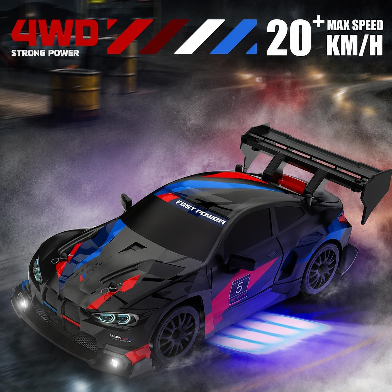 DWH BMV High Speed RC Drift Car 1:24 Scale | 2.4GHz Remote Control | USB Rechargeable | LED Lights | Extra Drift Tires | Racing Toy Car for Kids & Adults (Black) — Amazon image 3