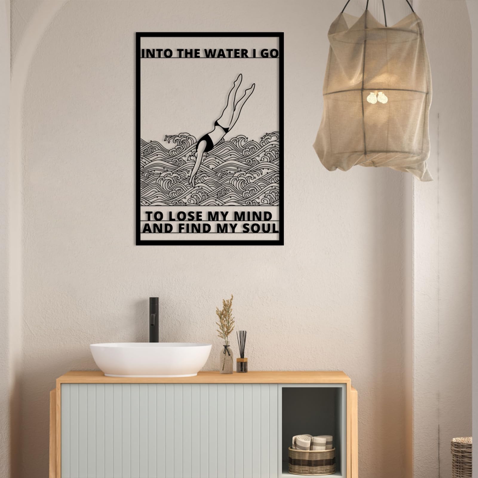 Nowoczesna minimalistyczna metalowa dekoracja ścienna z motywem tropikalnym do pływania i sportów wodnych, idealna do łazienki, salonu lub sypialni (biały, 62 x 43 cm)