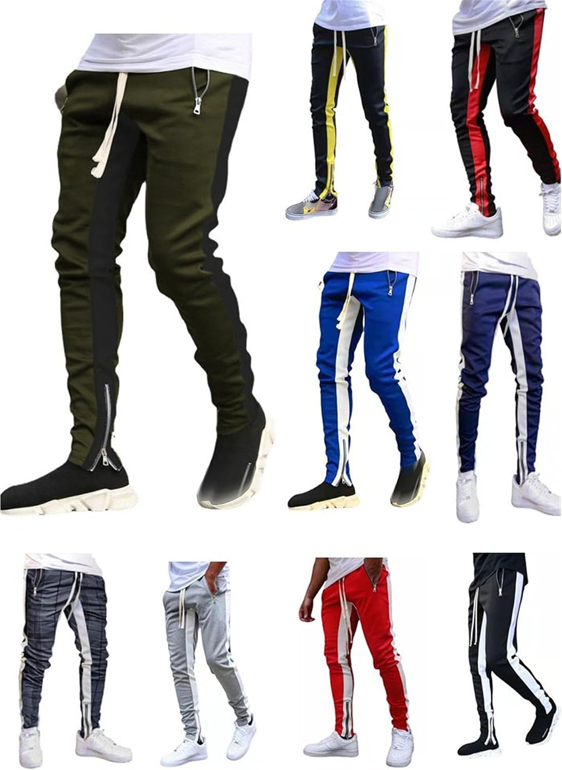 DGHM-JLMY Men Slim Fit Athletic Fitness Fashion Pants Patchwork Joggers Pants with Zip Pockets Summer Drawstring Trousers
