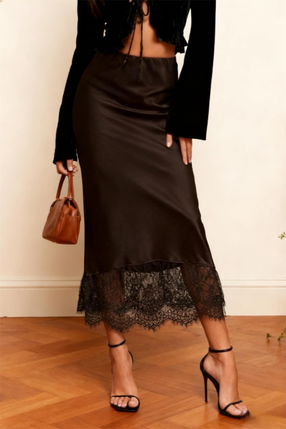 Women's Maxi A-line Skirt Lace Trim Mermaid Skirt Vintage Fairycore Aesthetic Party Cocktail Evening Dress Bottoms Brown X-Large
