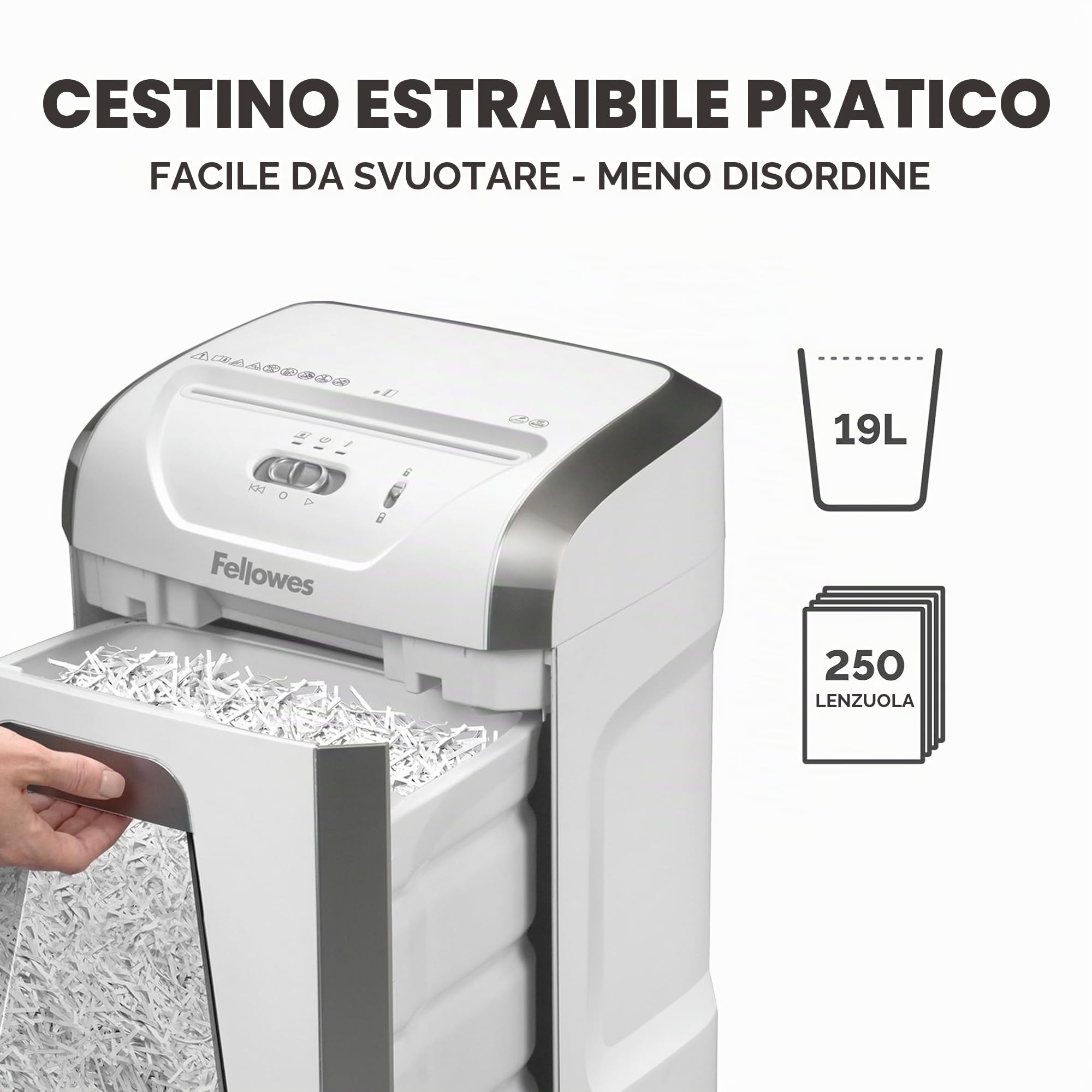 Fellowes Distruggidocumenti per uso domestico e ufficio, 12 fogli a taglio trasversale per uso deskside, FS-12C distruggi documenti da casa con cestino estraibile da 19 l, durata 20 minuti, alta