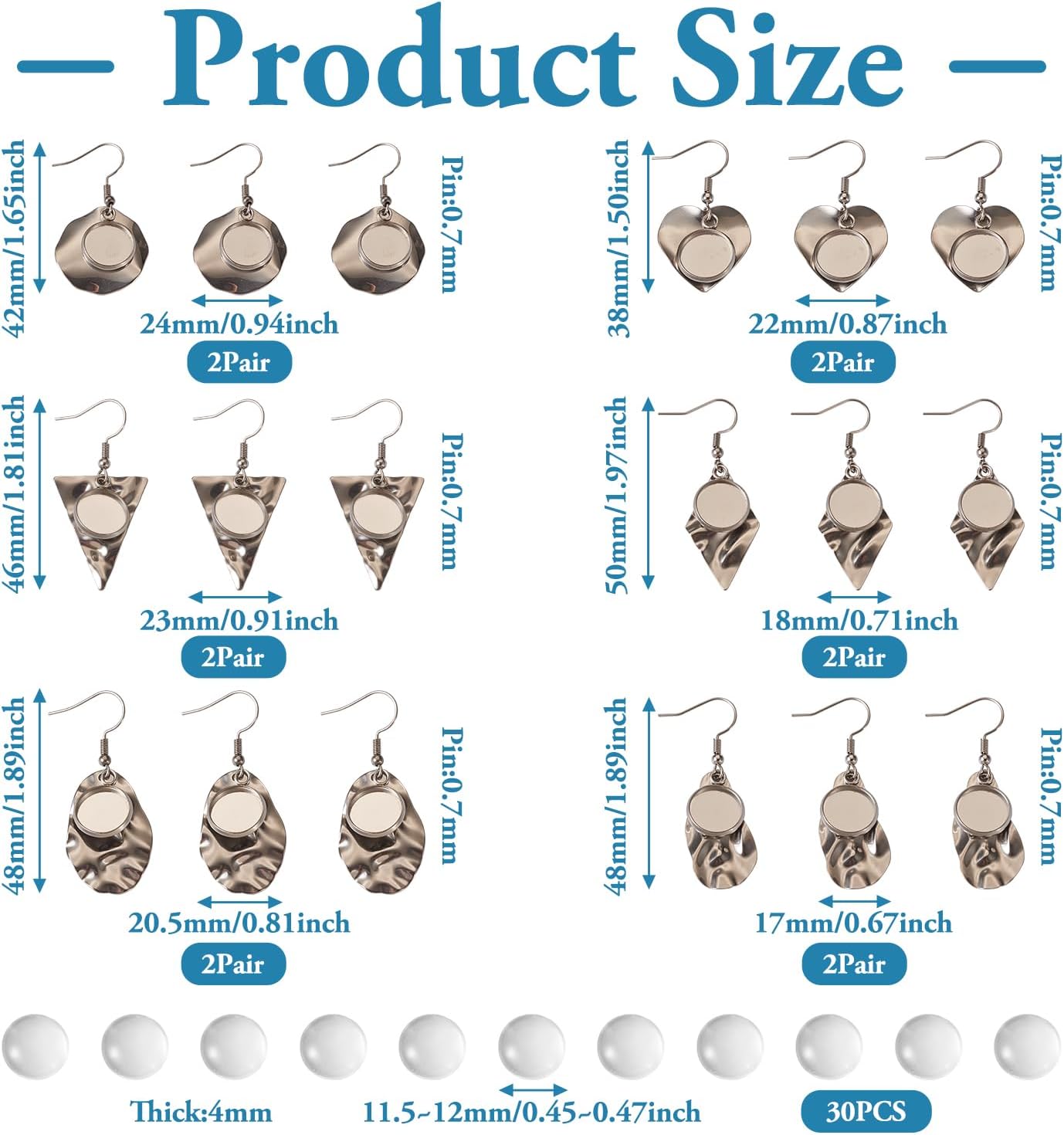 FASHEWELRY 54Pcs Stainless Steel Earring Bezel Trays Blank Geometry Rhombus Teardrop Stud Earrings with 12mm Round Glass Cabochons for DIY Jewelry Making - Image 2