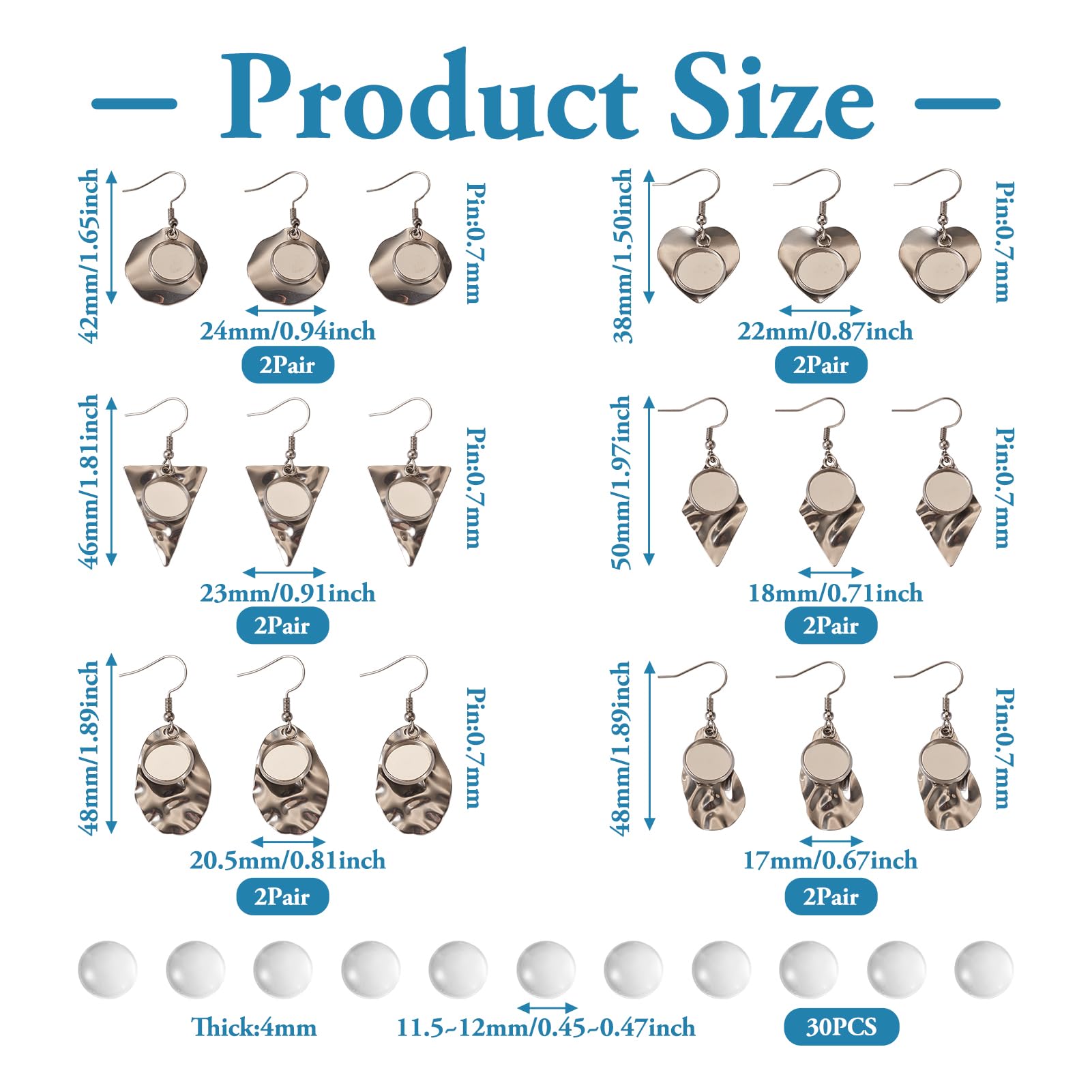 FASHEWELRY 54Pcs Stainless Steel Earring Bezel Trays Blank Geometry Rhombus Teardrop Stud Earrings with 12mm Round Glass Cabochons for DIY Jewelry Making