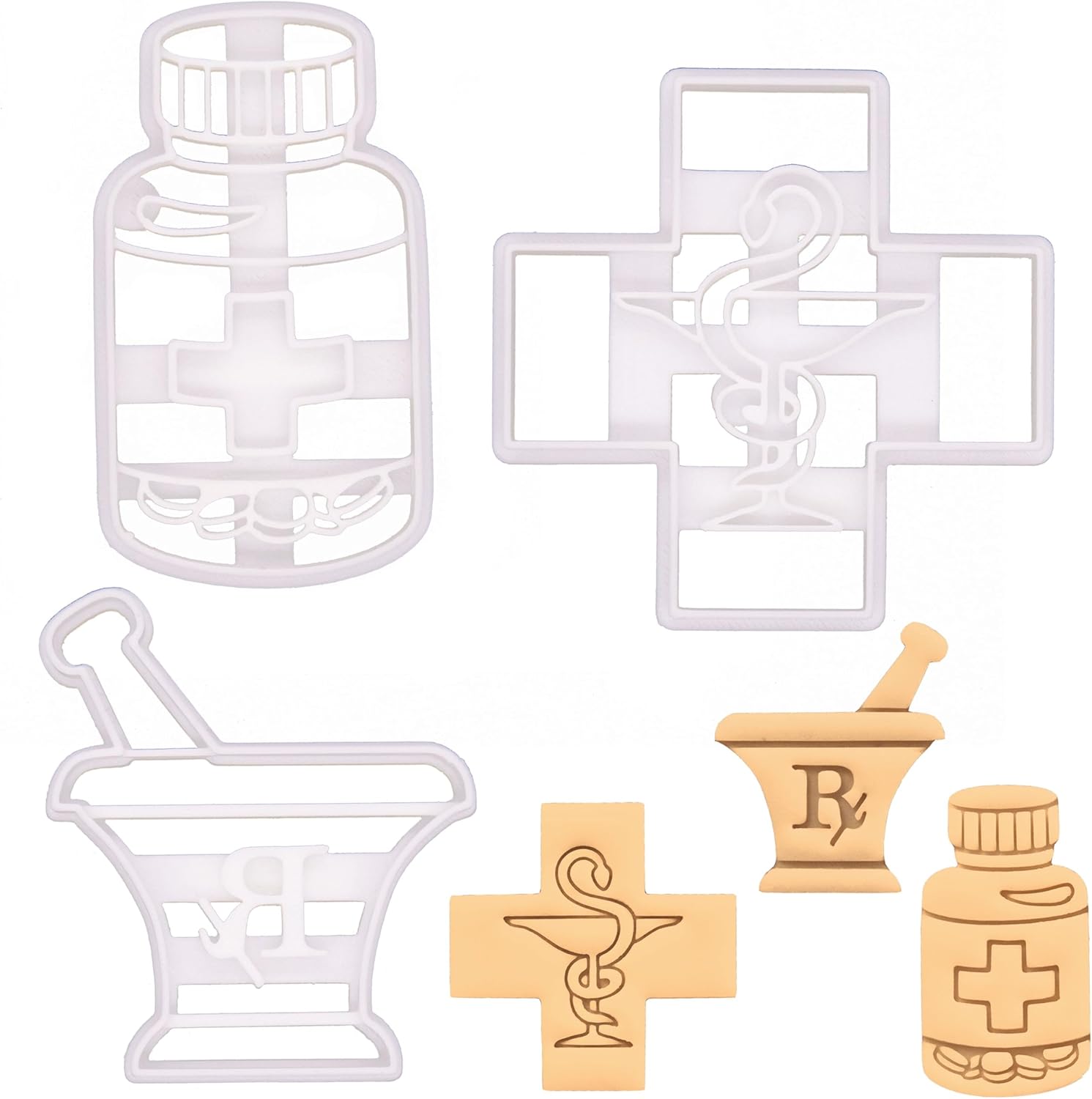 Set of 3 Pharmacy theme cookie cutters (Designs: Pill Bottle, Pestle and Mortar and Pharmacy Logo), 3 pieces - Bakerlogy
