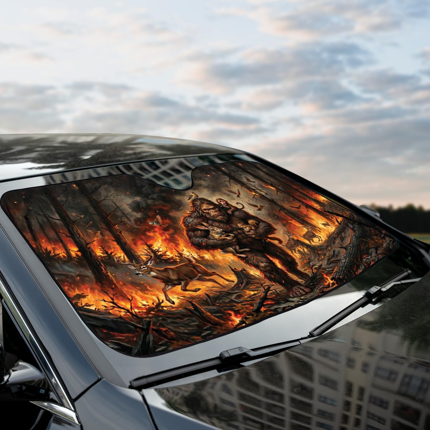 ThangPham Shop Bigfoot Wildlife Rescue Car Sunshade, Forest Guardian Sasquatch Windshield Sun Shade, Nature Inspired Wildlife Animal Auto Sun Protector