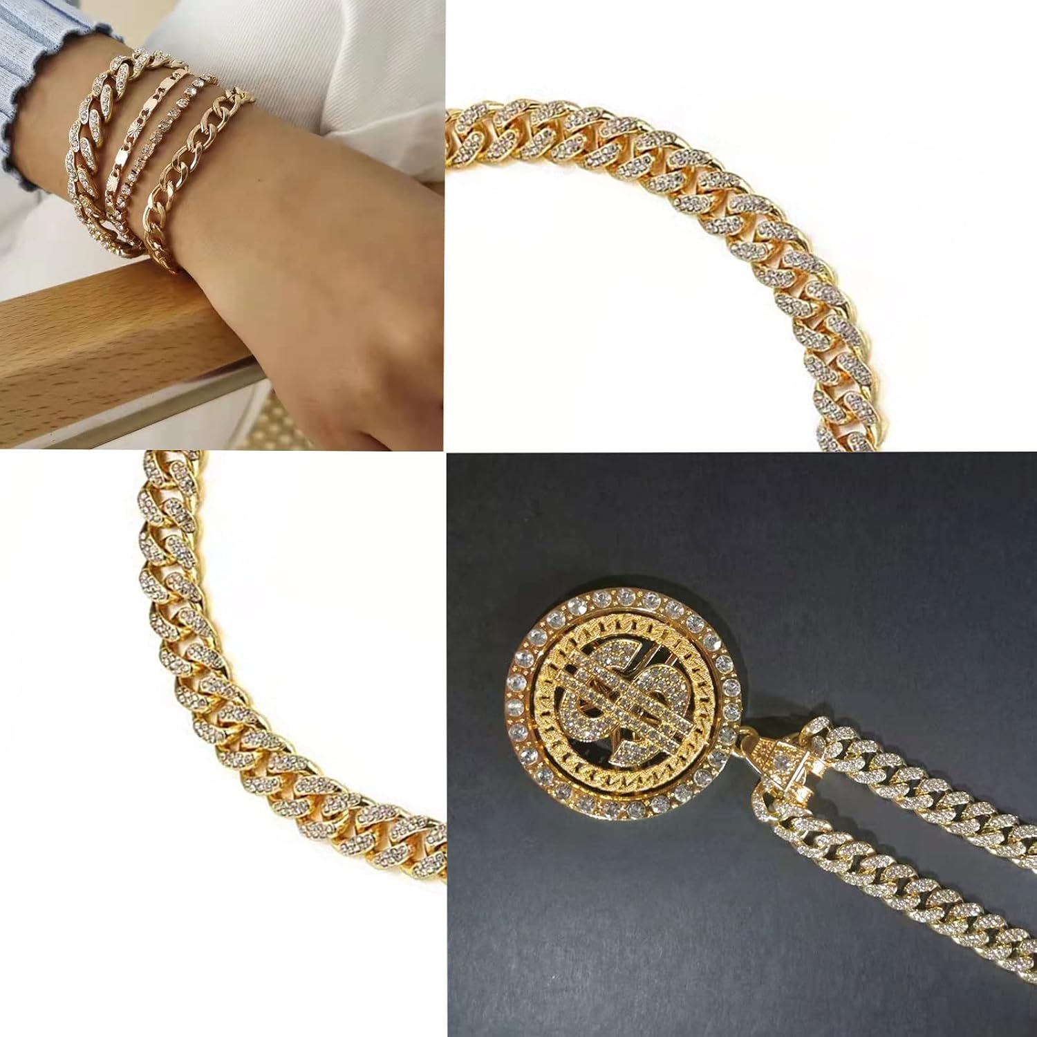 1 Yard Rhinestone Gold Plated Brass Metal Curb Chain Twisted Chunky Link Chain with Rhinestone for Jewelry Making (Gold)