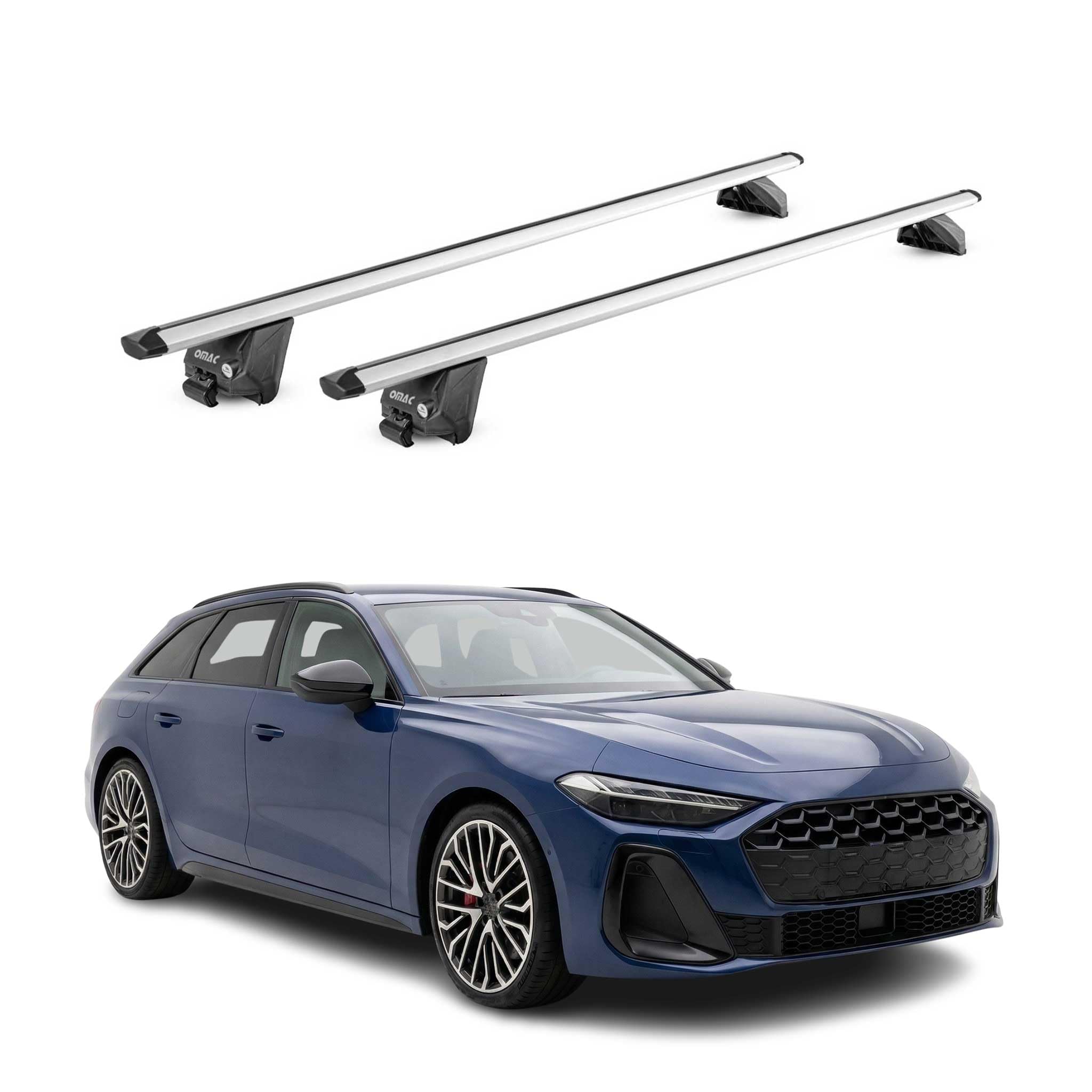 OMAC - Barras de techo de aluminio con certificación TÜV para Audi A5 B10 Break 2024-2026 - para rieles de techo integrados - ranura en T - carga máxima 100 kg - 2 antirrobos Plata