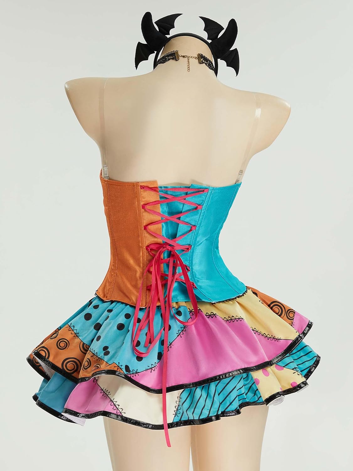 MEOWCOS Gothic A-line Dress Cosplay V-neck Corset Double Layered Skirt Corlorful Patchwork Halloween Costume - Image 3