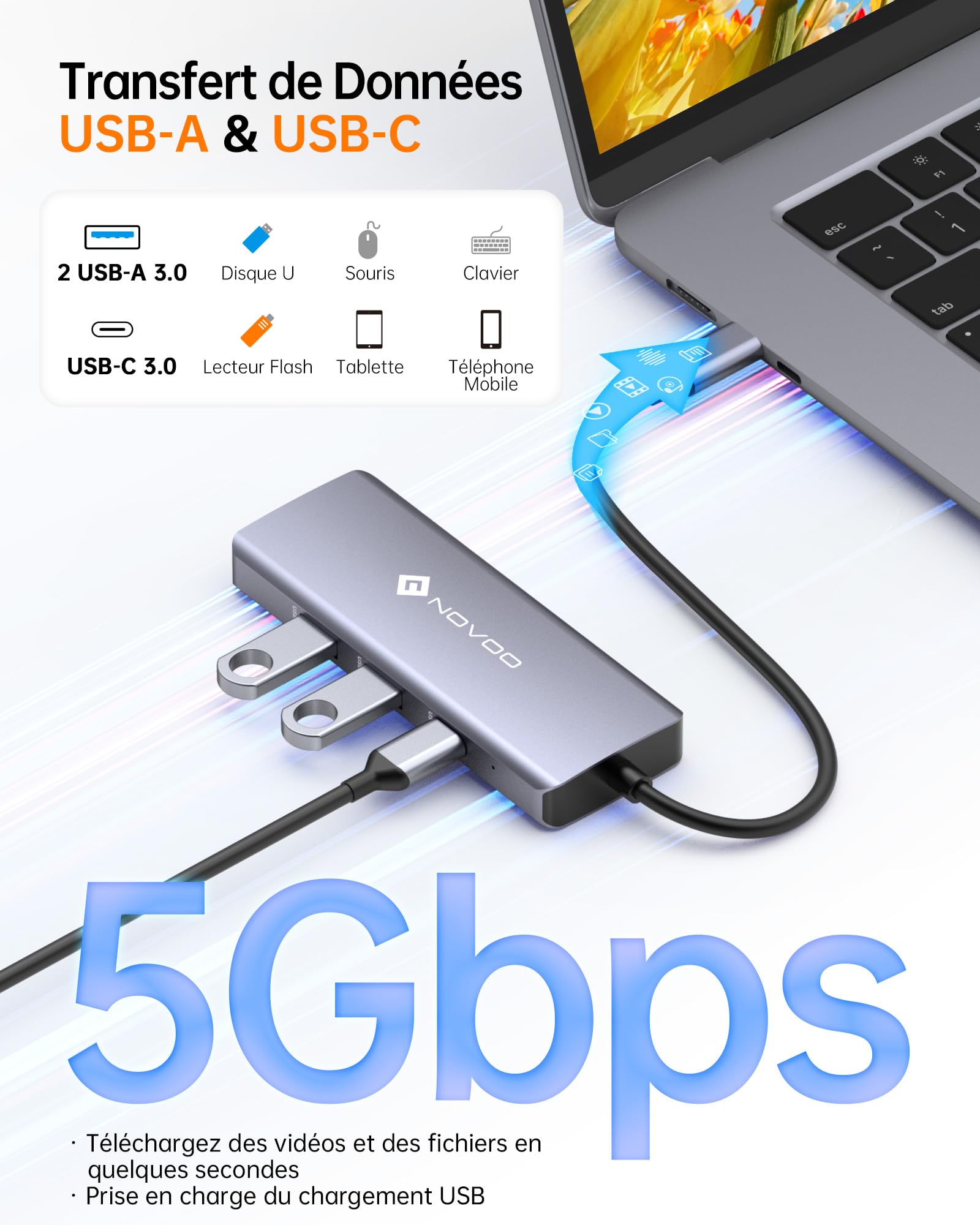 NOVOO Koncentrator USB C do Ethernet, 8 w 1, USB C na HDMI 4K, 100 W PD, USB C 3.0, USB A 3.0, Multiport SD/TF do MacBooka Pro Air M2 M1 Surface iPad Galaxy HP