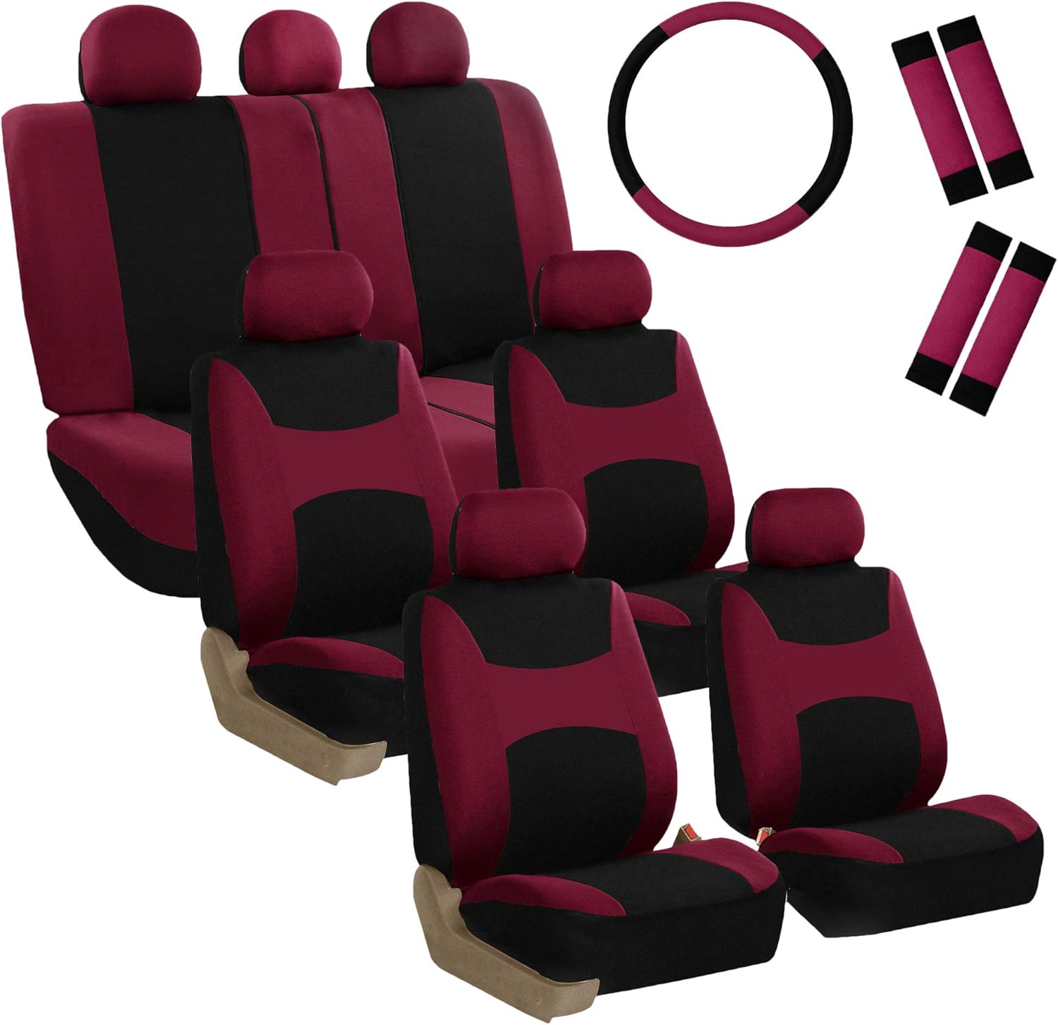 FH Group Light & Breezy Cloth Car Seat Covers, 7 Seater Three Row Set- Airbag & Split Ready -Universal for Cars Trucks and SUVs Burgundy/Black