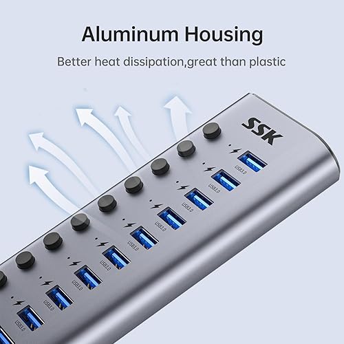 Miniatura 6 de SSK Hub USB 3.0 alimentado por 10 puertos, concentrador de carga USB de aluminio de 60 W con adaptador de corriente DC 12V5A, soporta carga rápida