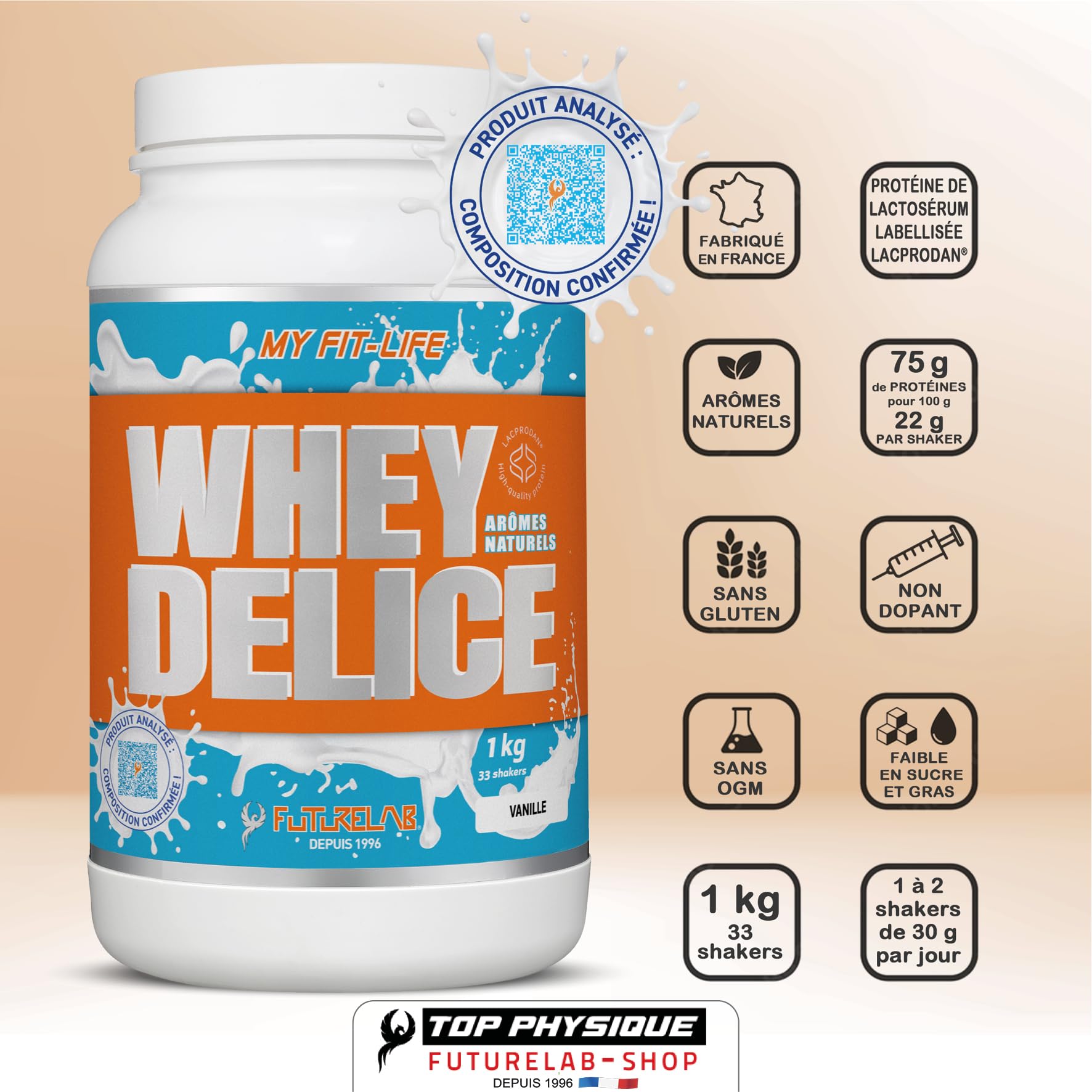 Whey Delice | 100% Whey Protéine labellisée Lacprodan®, jusqu’à 75% de protéine | Construction et Récupération Musculaire | Chocolat Noisette | 33 Portions | 1 kg