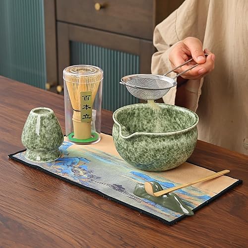 Miniatura 6 de Juego tradicional de ceremonia de té matcha, kit de 5 piezas con cuenco de cerámica, batidor de bambú, soporte, colador, verde