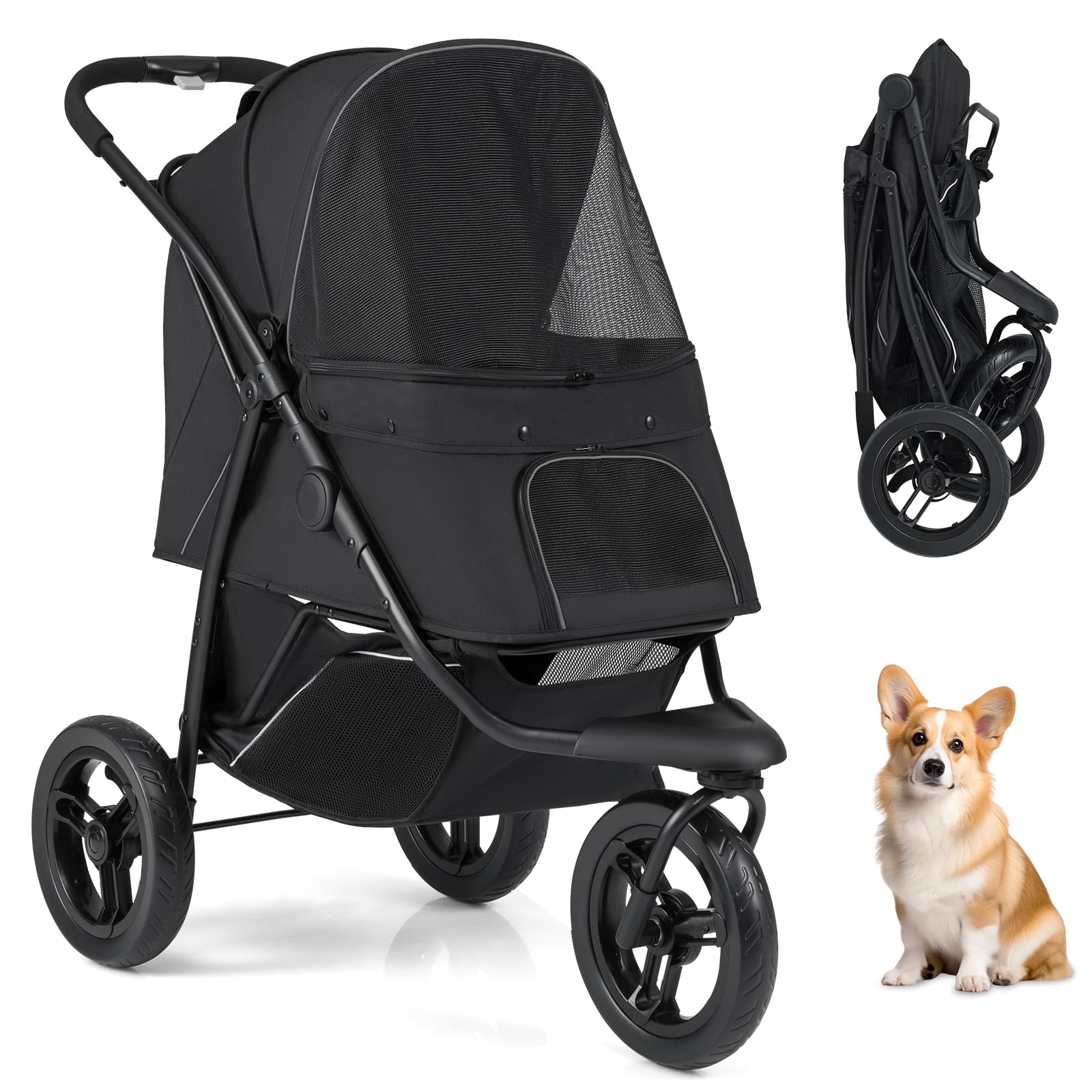 GOPLUS Carrito para Perro con Protección Solar Ajustable, Cochecito para Mascotas de 3 Ruedas con Cesta de Almacenaje, Laterales de Malla Transpirable, Plegado con un Solo Clic, Carga 25 kg (Negro)