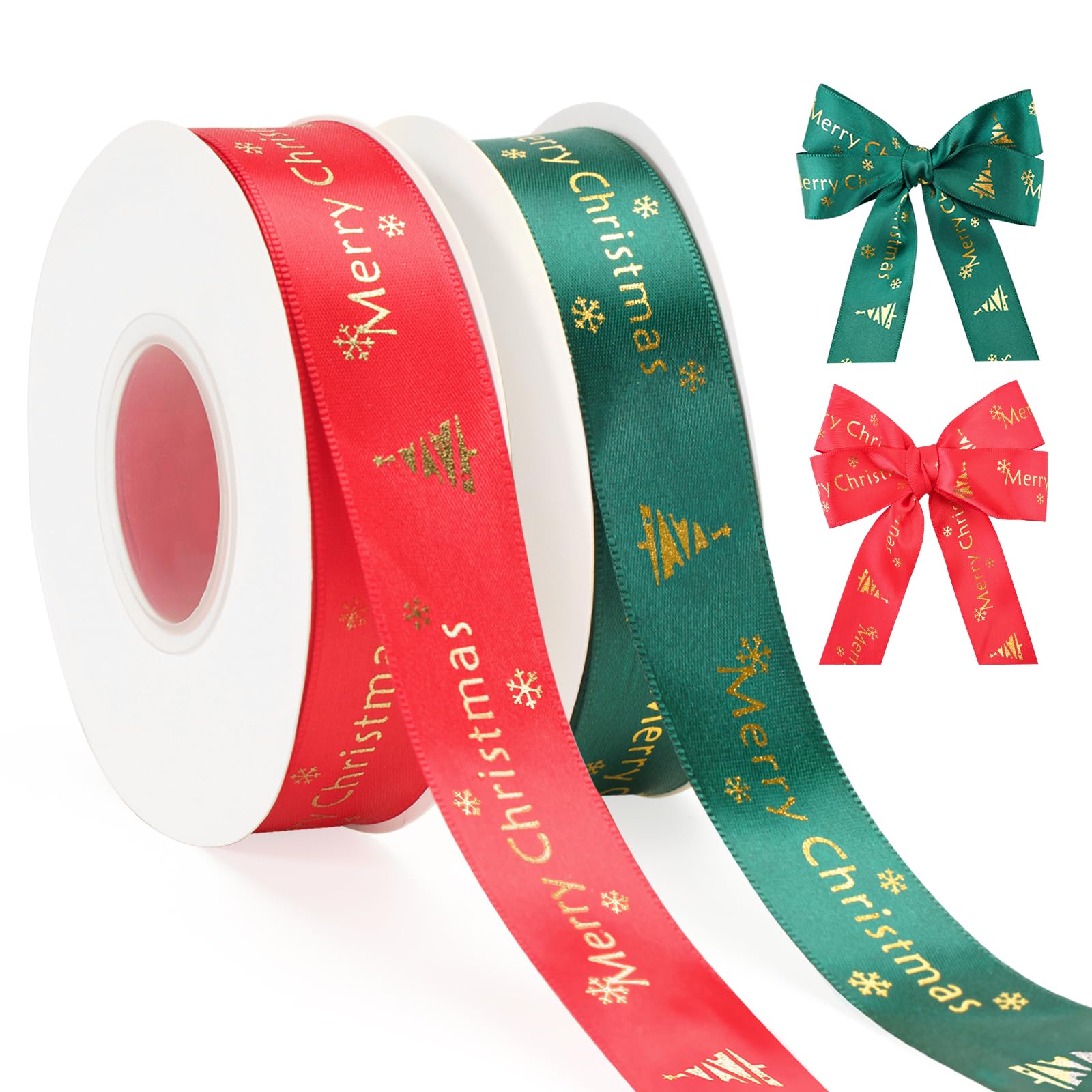 G2PLUS 25mm Merry Christmas Ribbon: Red and Green Grosgrain Band with Gold Christmas Tree and Snowflakes, 50 Yard for Tree Decoration, DIY Crafts,Gift Wrapping