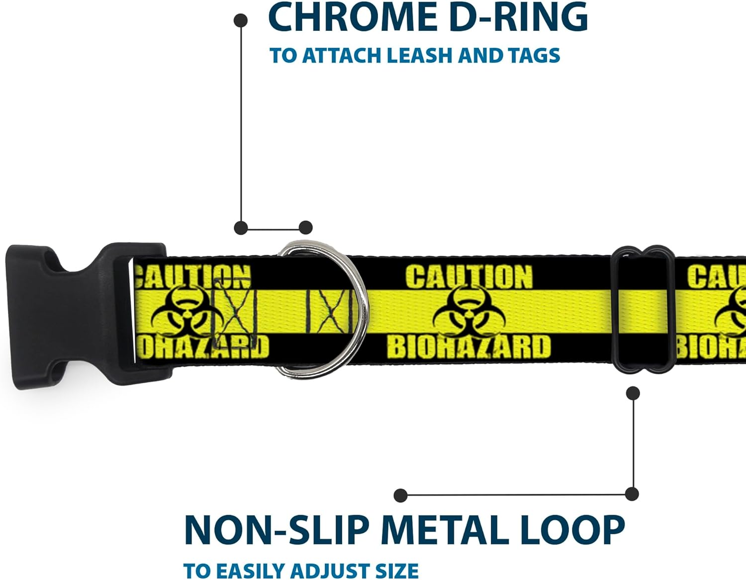 Buckle-Down 18-32" Caution Biohazard Black/Yellow Plastic Clip Collar, Wide Large