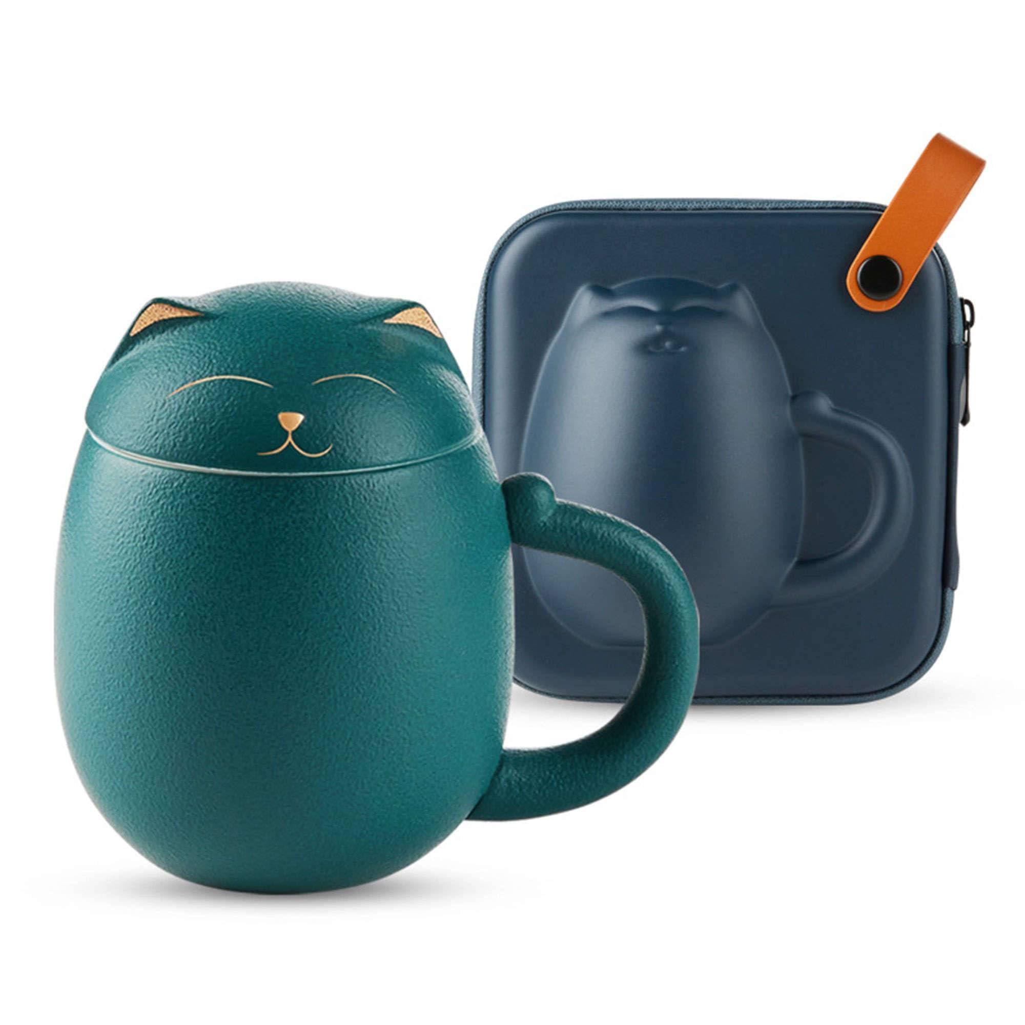 Tazza da tè in Porcellana/Ceramica con infusore per Foglie sfuse, Creativo Portafortuna con infusore per tè a Forma di Gatto con Coperchio, 350 ml, Tazza da tè Portatile verde-400