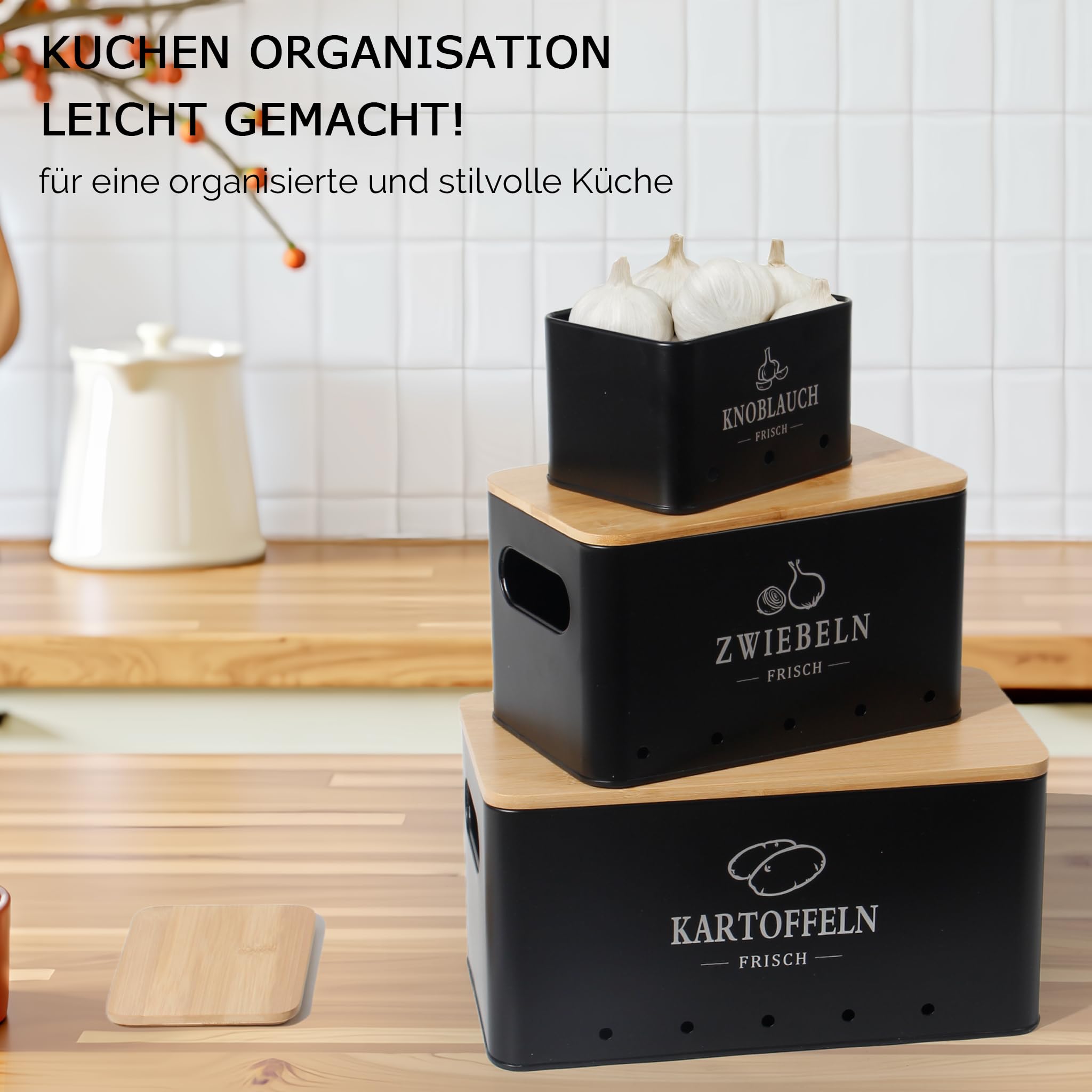 GREELUE Kartoffel Aufbewahrungsbox 3er Set, 360° Luftzirkulation für längere Frische, Für Zwiebeln, Kartoffeln, Knoblauch Schwarz