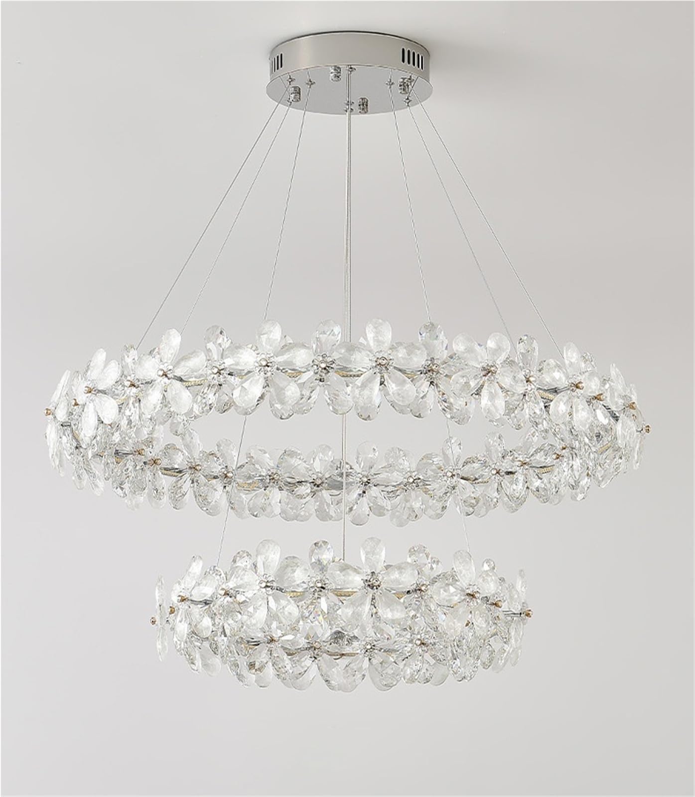 Francuski kwiatowy kryształowy żyrandol LED, nowoczesny i regulowany, eleganckie kryształowe zawieszenie (3 regulowane światła, średnica 80 x 50 cm)