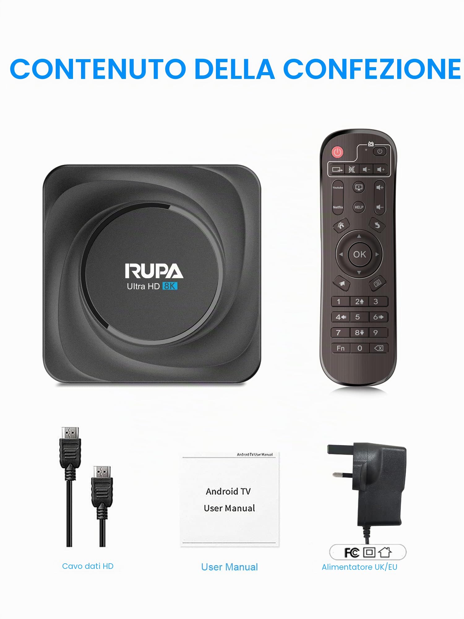 RUPA Android TV Box 11.0, Smart TV Box 4GB RAM 32GB ROM RK3566 Sostegno 2.4G/5.8G WiFi BT5.0 HDMI 3.0 1000M 3D 8K HD TV Box con Telecomando