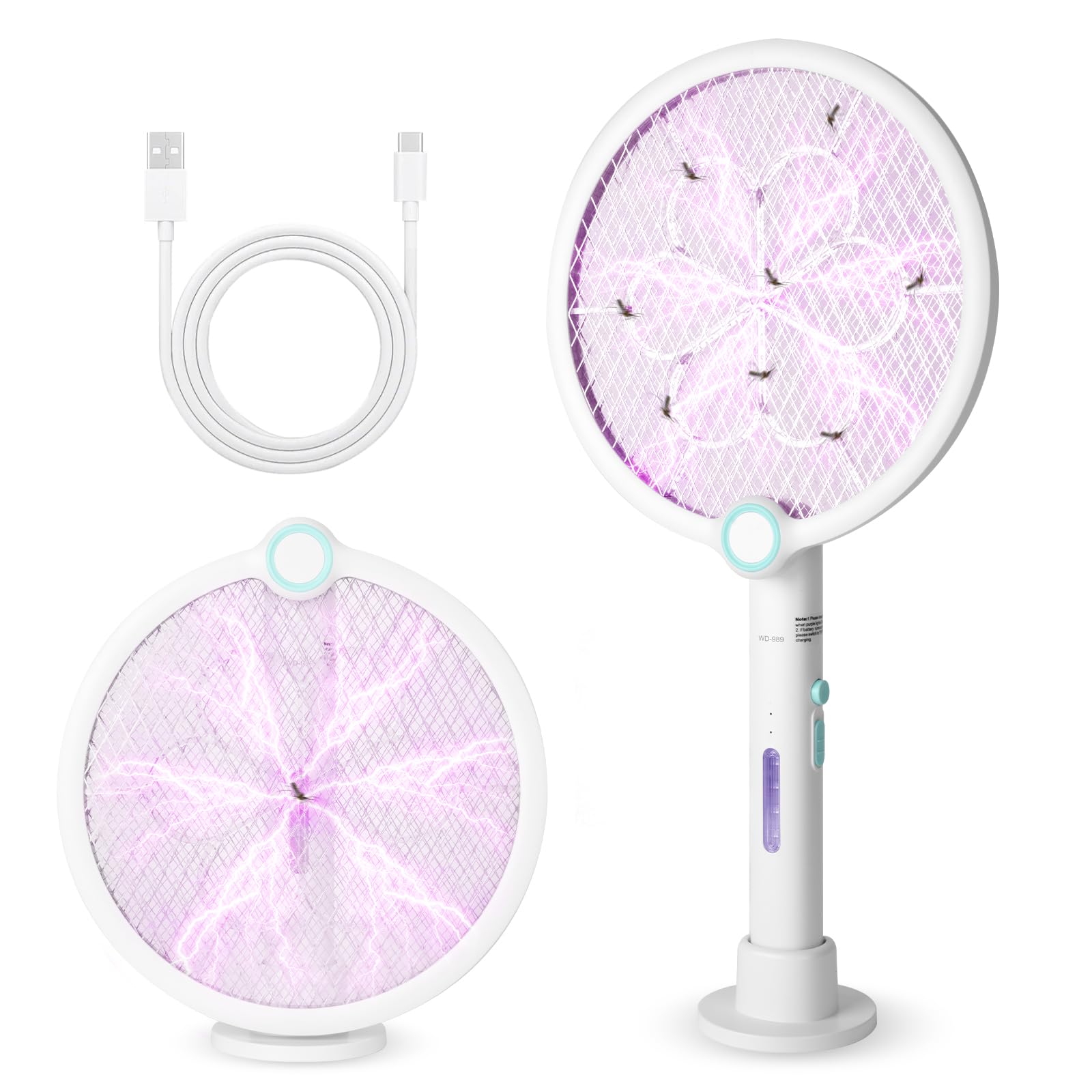 AOOWU Electric Fly Swatter, Foldable Fly Zapper Killer, Electric Mosquito Swatter with UV LED, USB-C Rechargeable Bug Zapper Racket with Base for Home Indoor and Outdoor