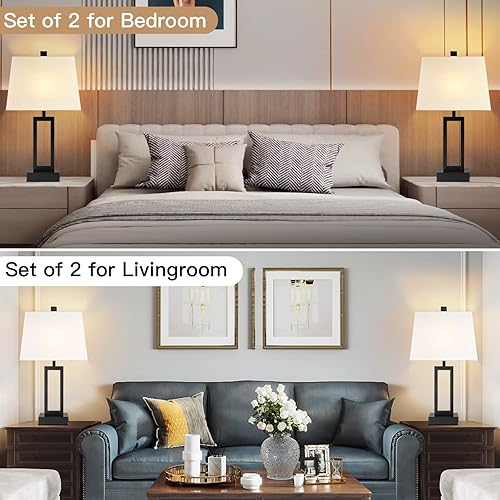 Miniatura 6 de Juego de 2 lámparas de mesa con control táctil de 23.5", lámpara de mesita de noche con 2 puertos USB y toma de corriente AC, lámpara de mesita de