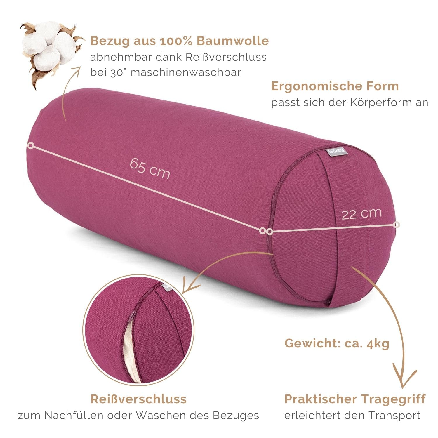 Bodhi Yoga Bolster Rolle Ø 22 cm | Yogarolle mit Bio-Dinkelfüllung | Yogakissen für Restorative & Yin Yoga | Waschbarer Bezug aus Baumwolle | Pilates Kissen mit Trageschlaufe